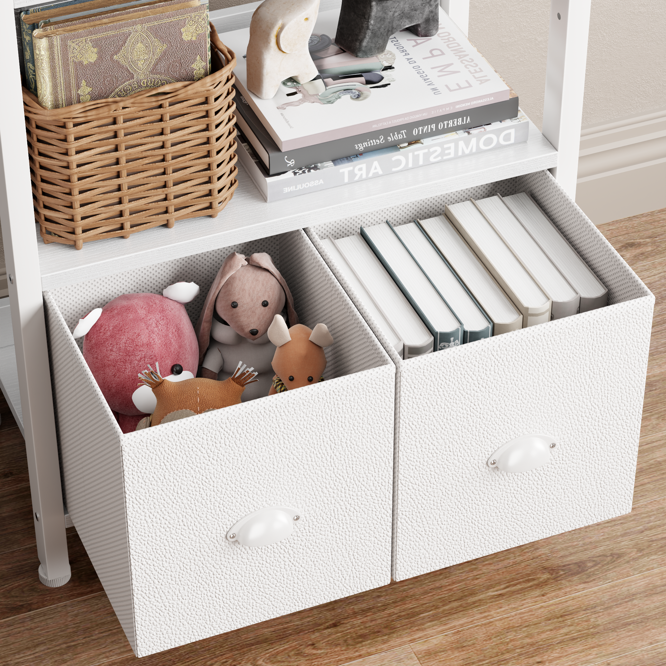 Modern 71 Inch Tall 6 Tier Bookshelf with Two Drawers Wooden Metal Freestanding Bookcase Display Storage Organizer for Home Office Living Room White