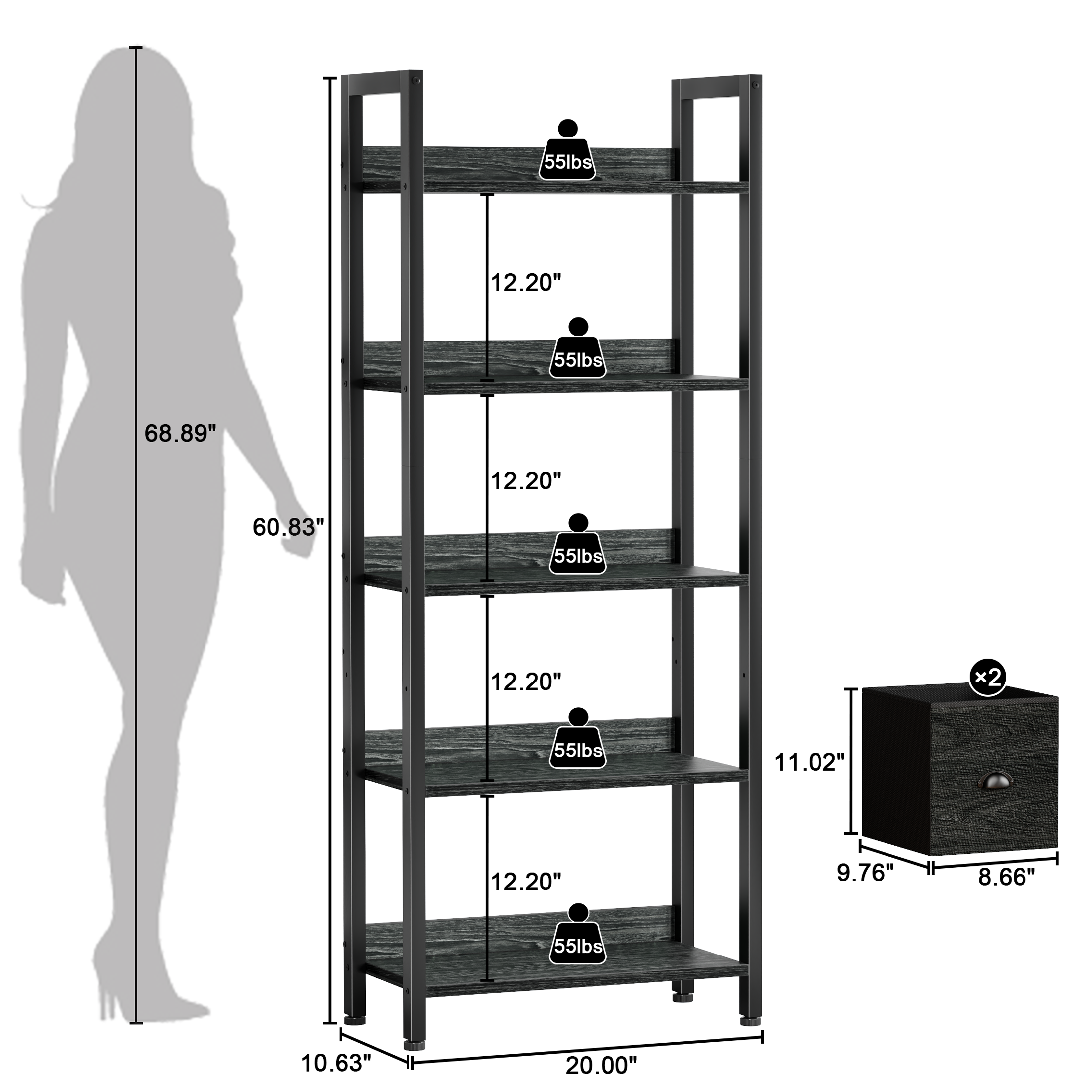 5 Tier Industrial Tall Bookcase with Two Storage Drawers Wood Metal Display Bookshelf Standing Organizer Shelf for Home Office Living Room Black Oak