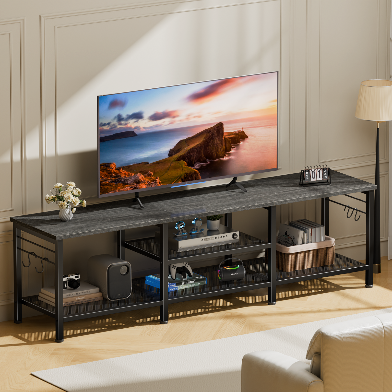 Qwatto 63 Inch Black Oak TV Stand for TVs up to 70 Inch Media Console Entertainment Center with Soundbar Shelf Open Storage Shelves Living Room Decor