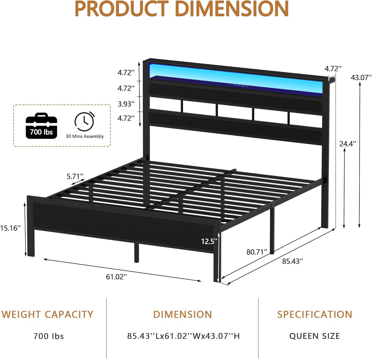 Bed Frame with Storage Headboard Charging Station LED Lights Metal Platform