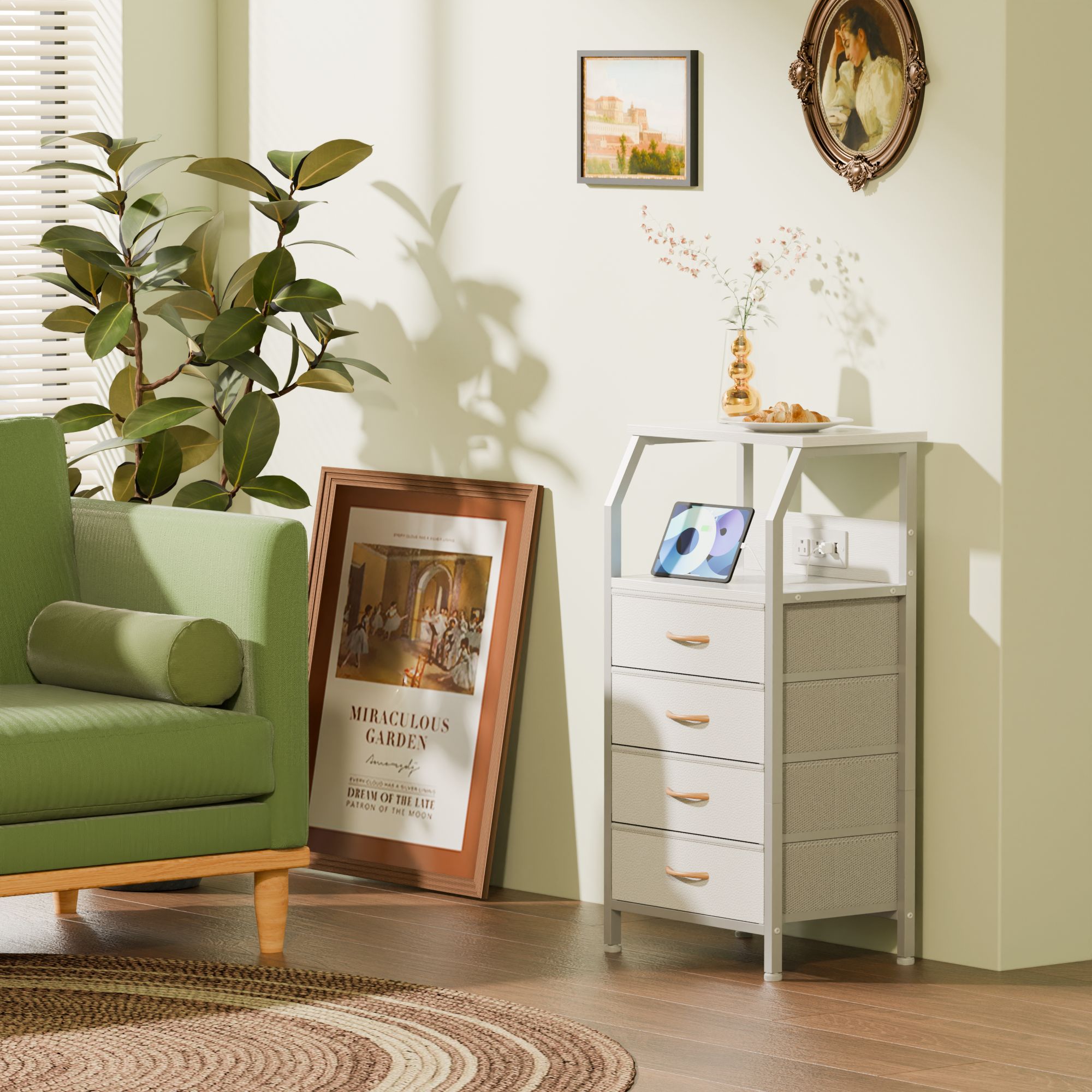 Furnulem Nightstand with Charging Station and Multi Fabric Drawers