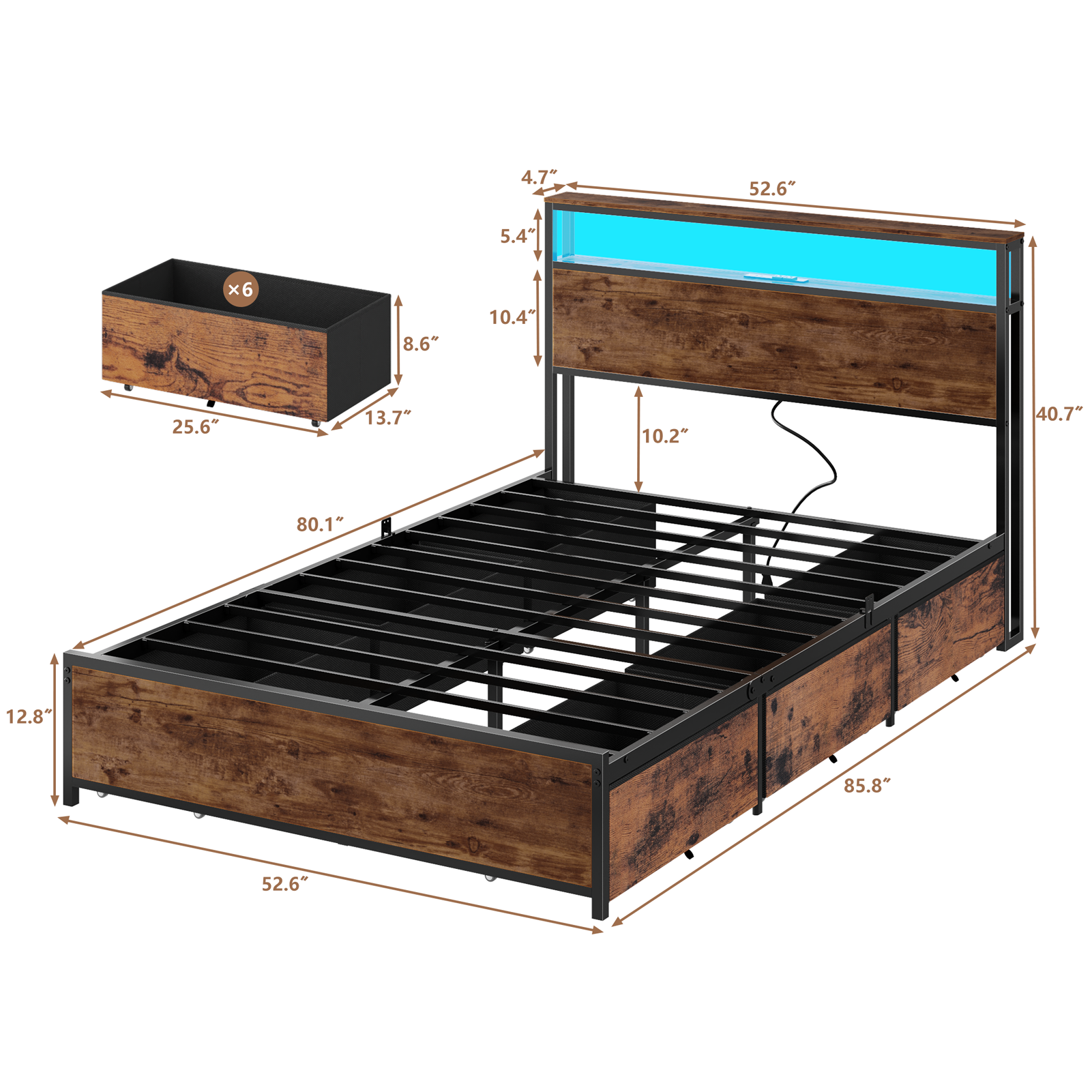 Industrial Full Size Bed Frame 6 Storage Drawers LED Lights Charging Station 2 Tier Shelf Headboard Heavy Duty Metal No Box Spring Needed