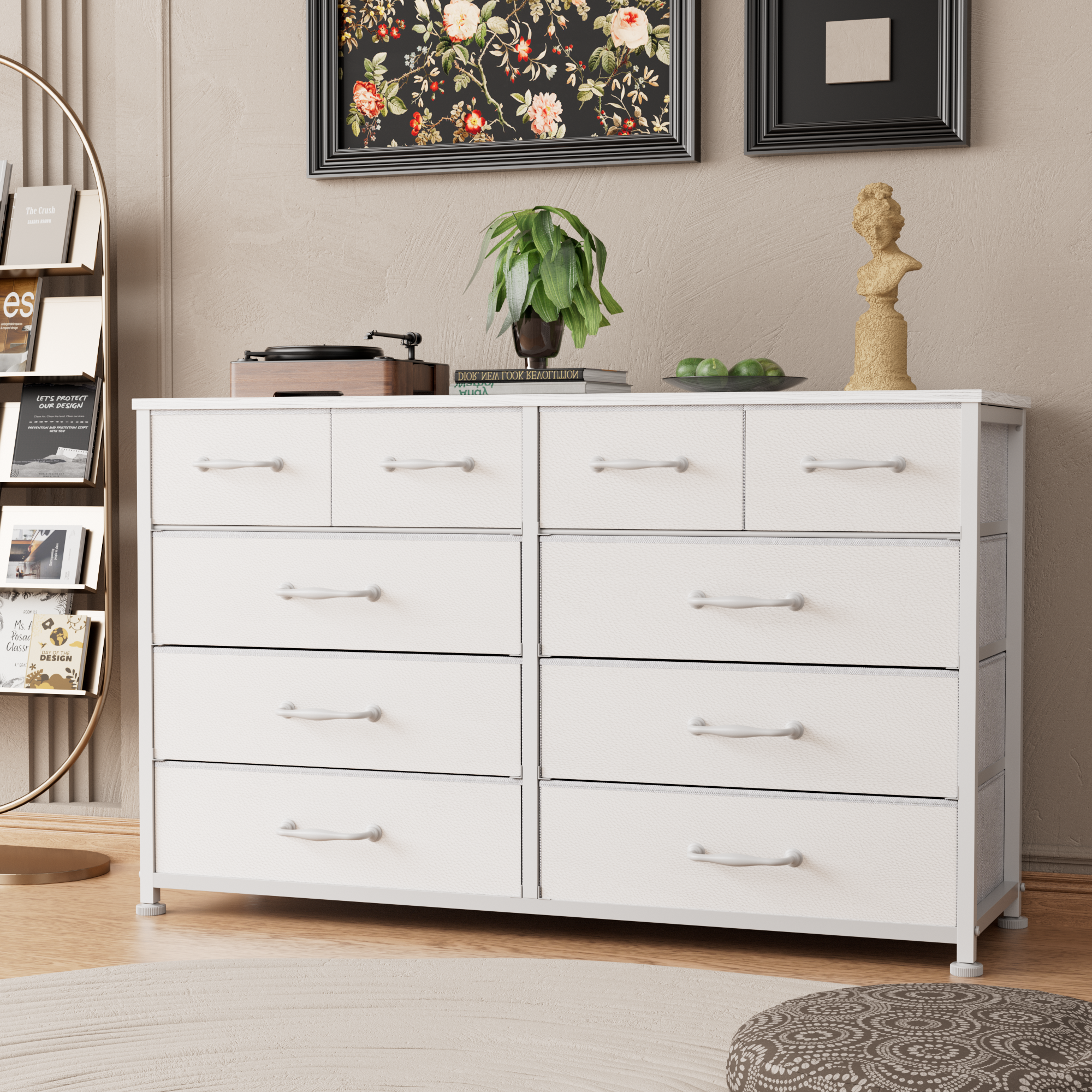 Wide White 10 Drawer Dresser Storage Chest of Drawers Bedroom Furniture Nursery Organizer Unit 50 Inch TV Stand Media Console