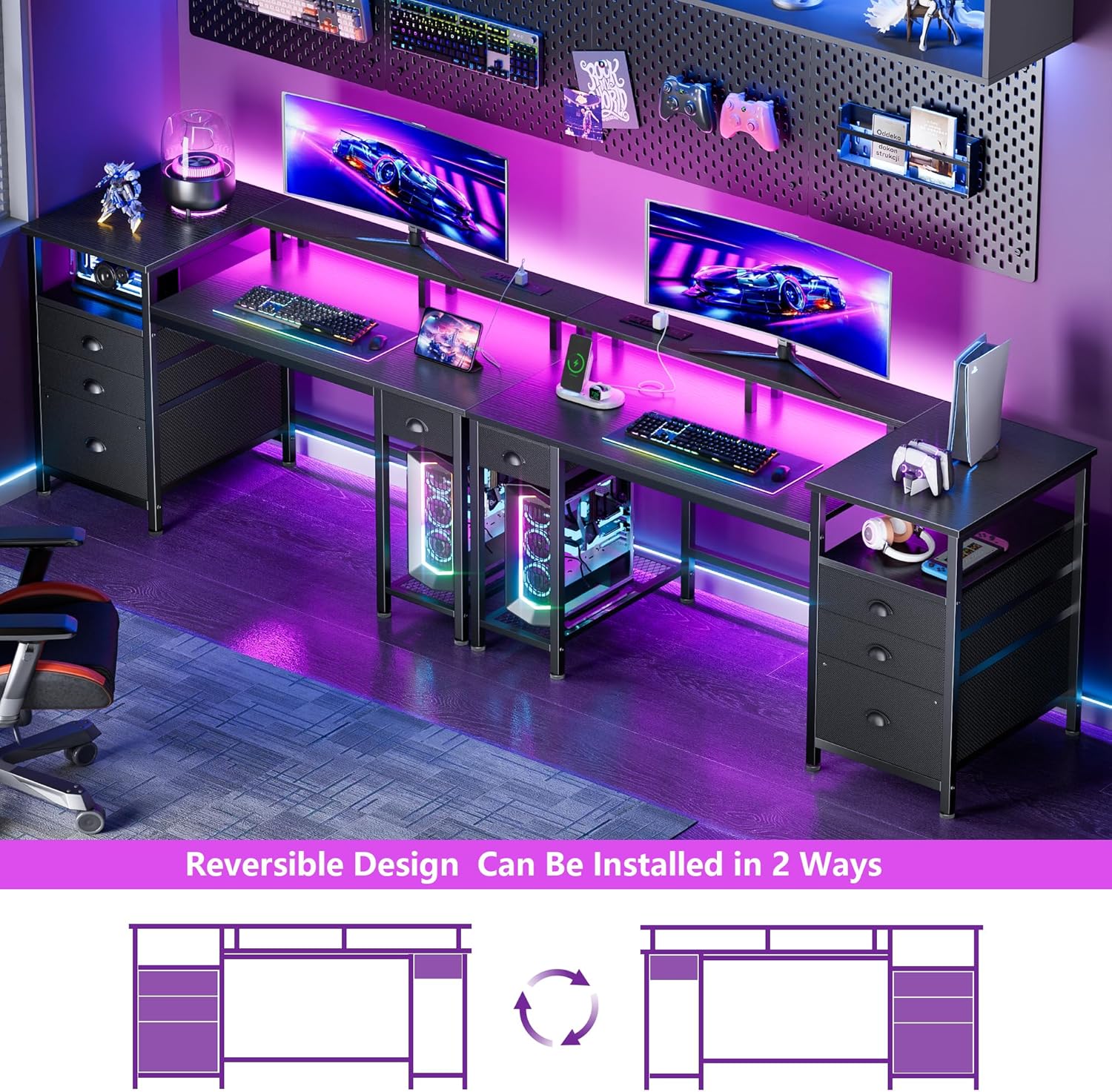 Qwatto 52in Gaming Desk Charging Station and Light Reversible Computer Desk 4 Drawers File Cabinet Printer Storage Shelves Monitor Stand Black Finish