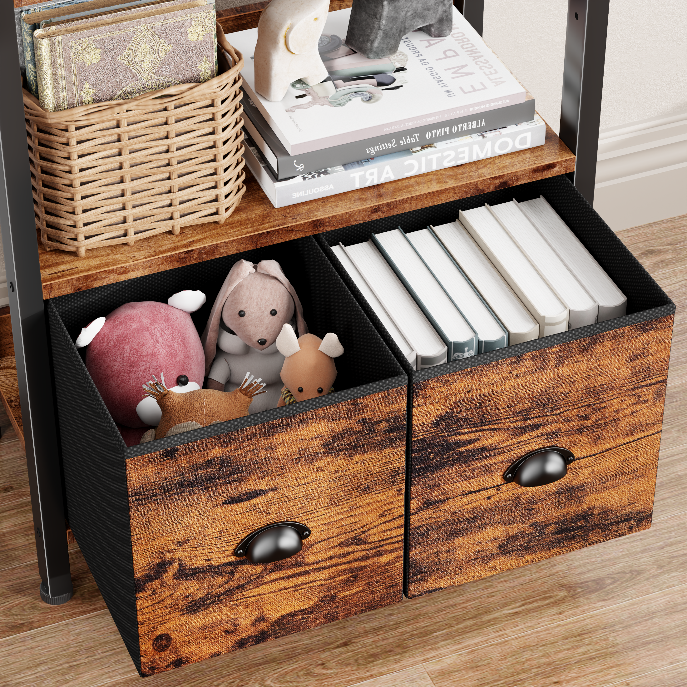 6 Tier 71 Inch Tall Rustic Bookcase with Two Drawers Storage Organizer Industrial Wood Metal Freestanding Bookshelf Home Office Bedroom Rustic Brown