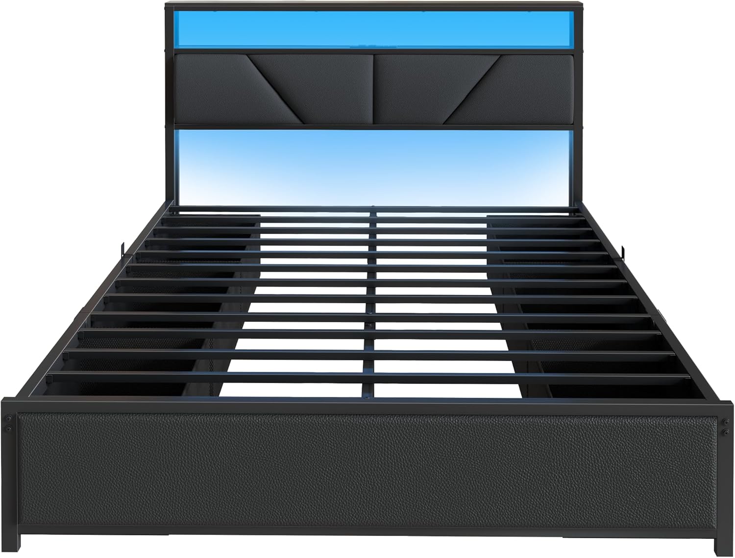 Queen Size Bed Frame with Storage Headboard and 6 Drawers Metal Platform Bed Frame  with Charging Station and LED Lights PU Leather Upholstered