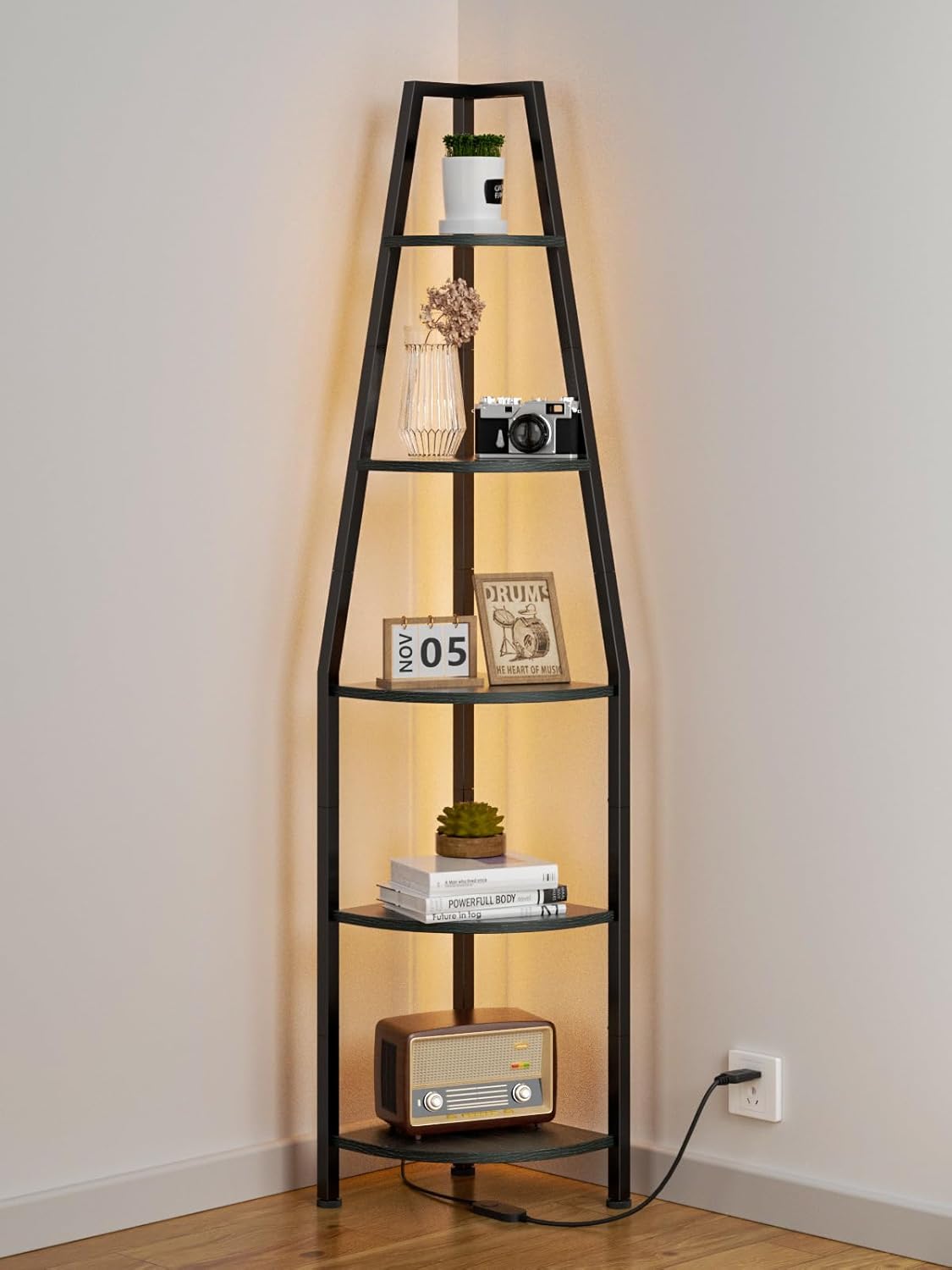 Furnulem 67” LED Corner Shelf, 5-Tier Narrow Bookshelf & Storage Rack for Bedroom, Living Room, Plants