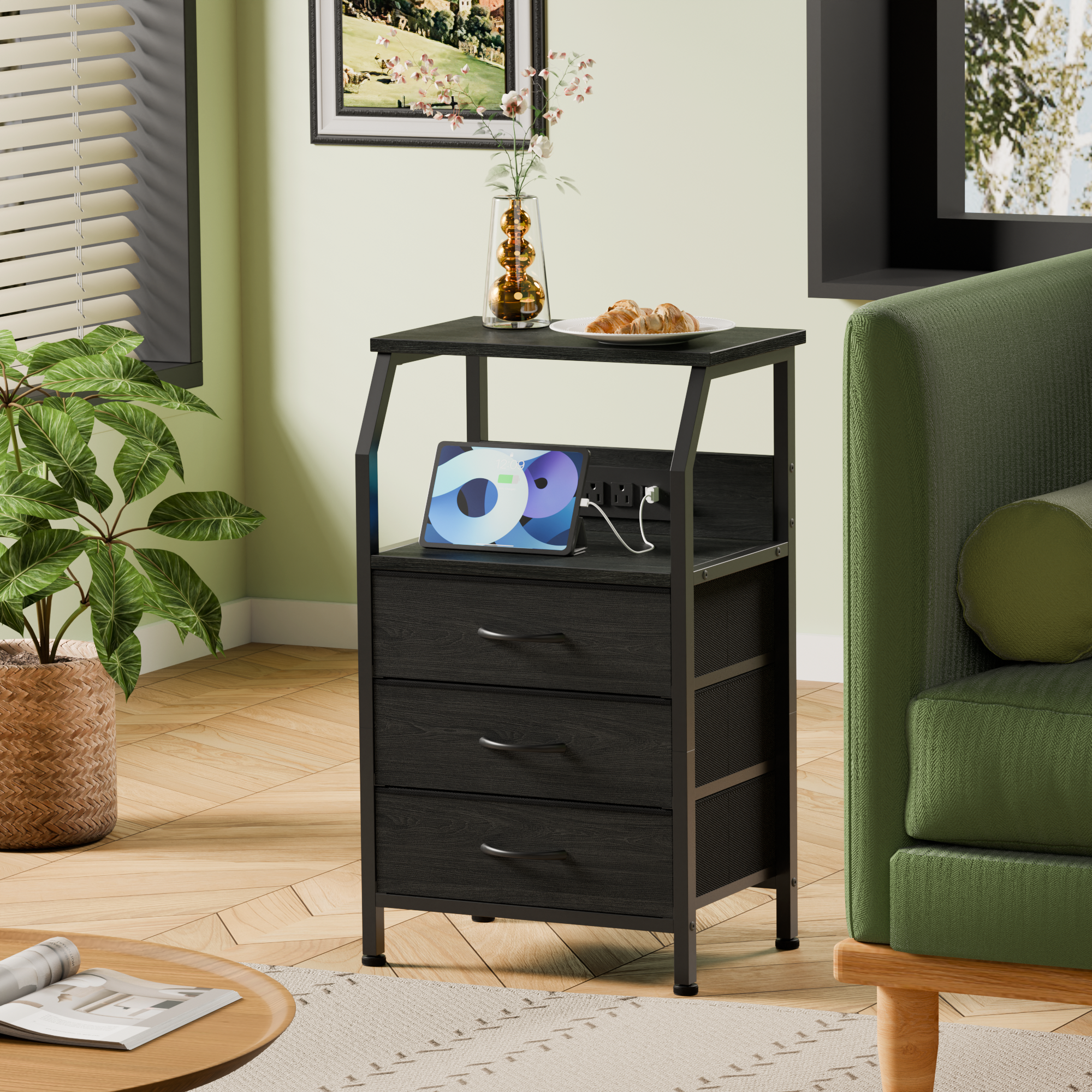 Furnulem Nightstand with Charging Station and Multi Fabric Drawers