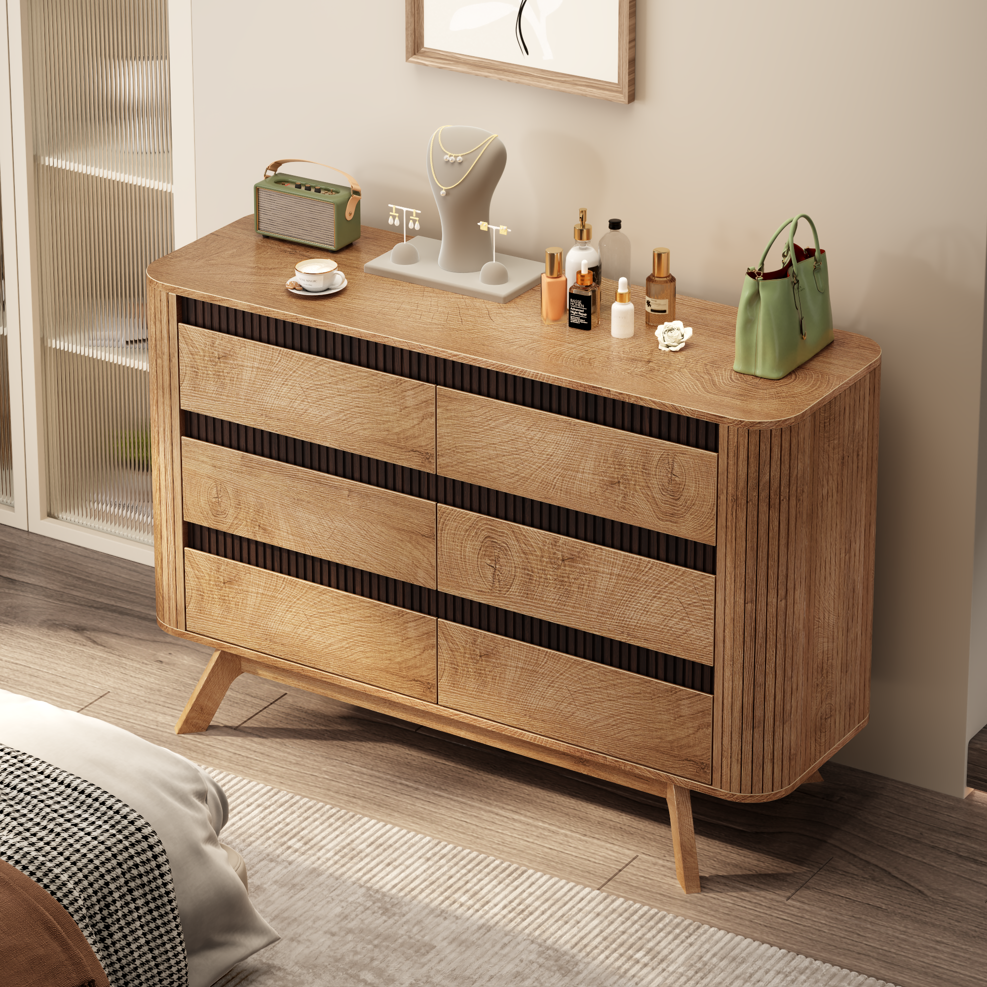 Qwatto 6 Drawer Dresser for Bedroom 47.2" Wide Fluted Chest of Drawers Modern Curved Design Clothes Storage Organizer Hallway Room Natural Oak Finish