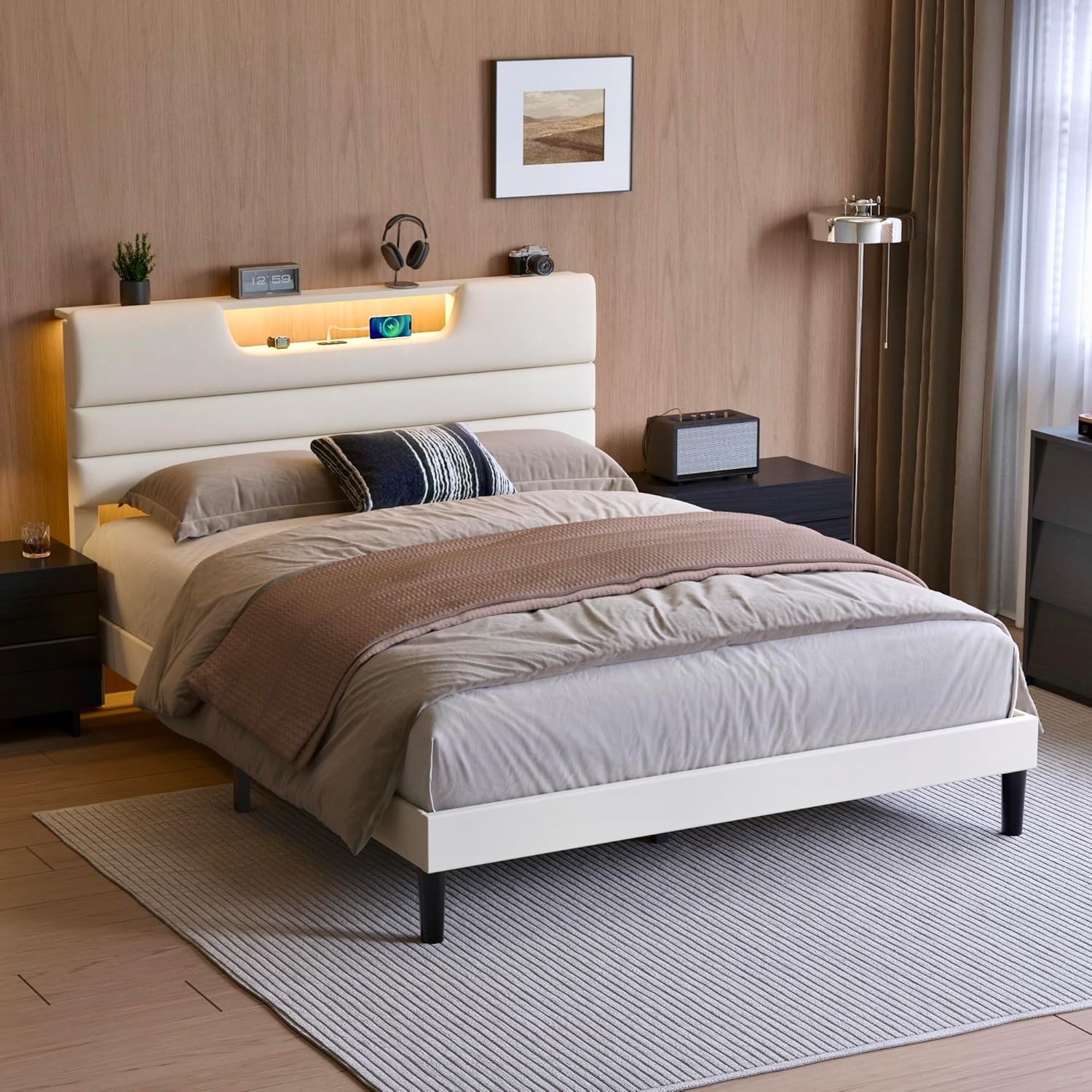 Queen Size Bed Frames with Upholstered Headboard Modern Platform Bed with Bed Frame with Sturdy Wooden Slats/No Box Spring Needed/2-Tier Storage Beige