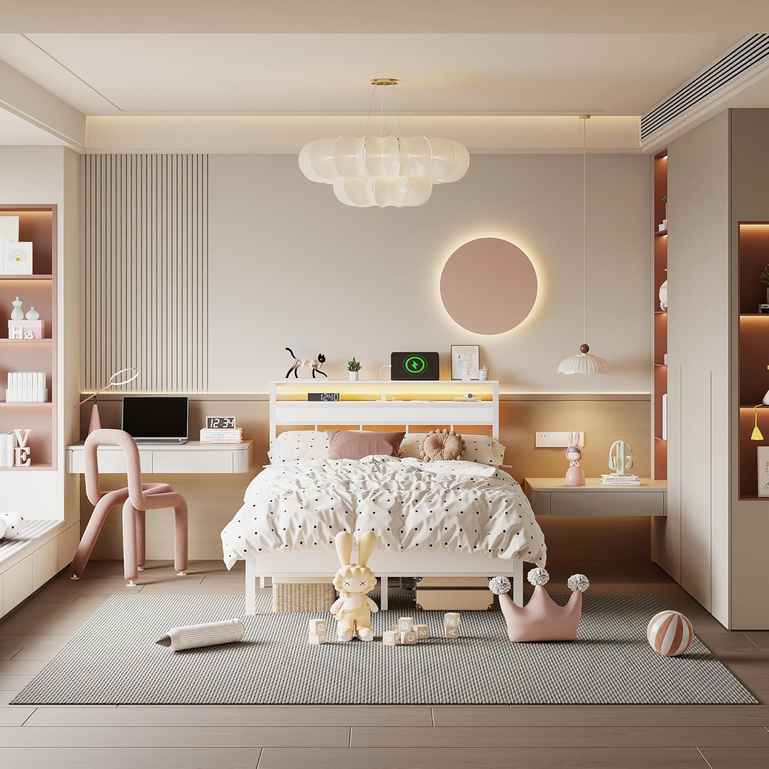 Full Size  Bed Frame with Storage Headboard and LED Lights Metal Bedframe with Charging Station and USB Port Platform Bed with Heavy Duty Slats White