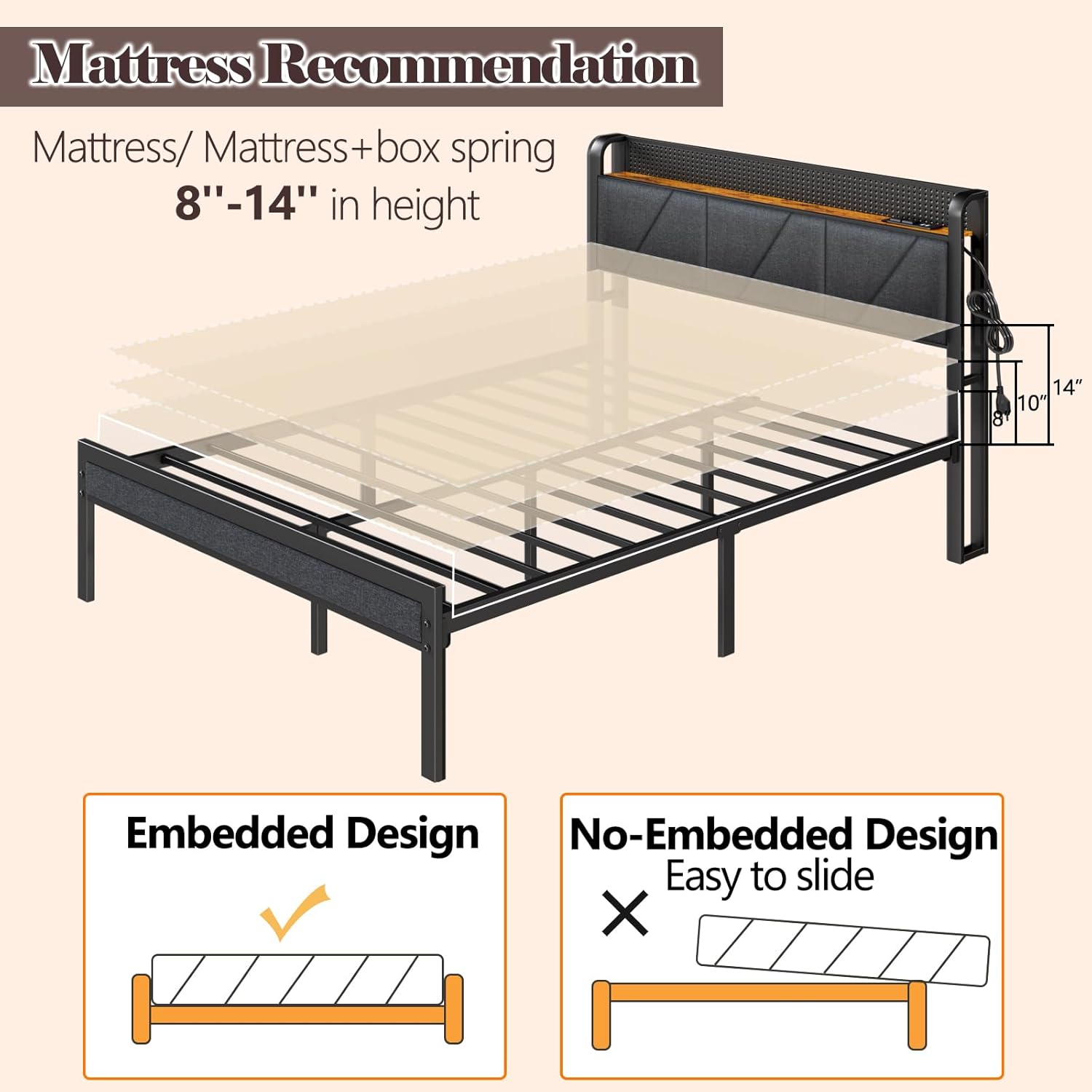 Furnulem Queen Size Bed Frame with Headboard and LED Lights, Upholstered Bedframe with Charging Station and USB Port  No Box Spring Needed