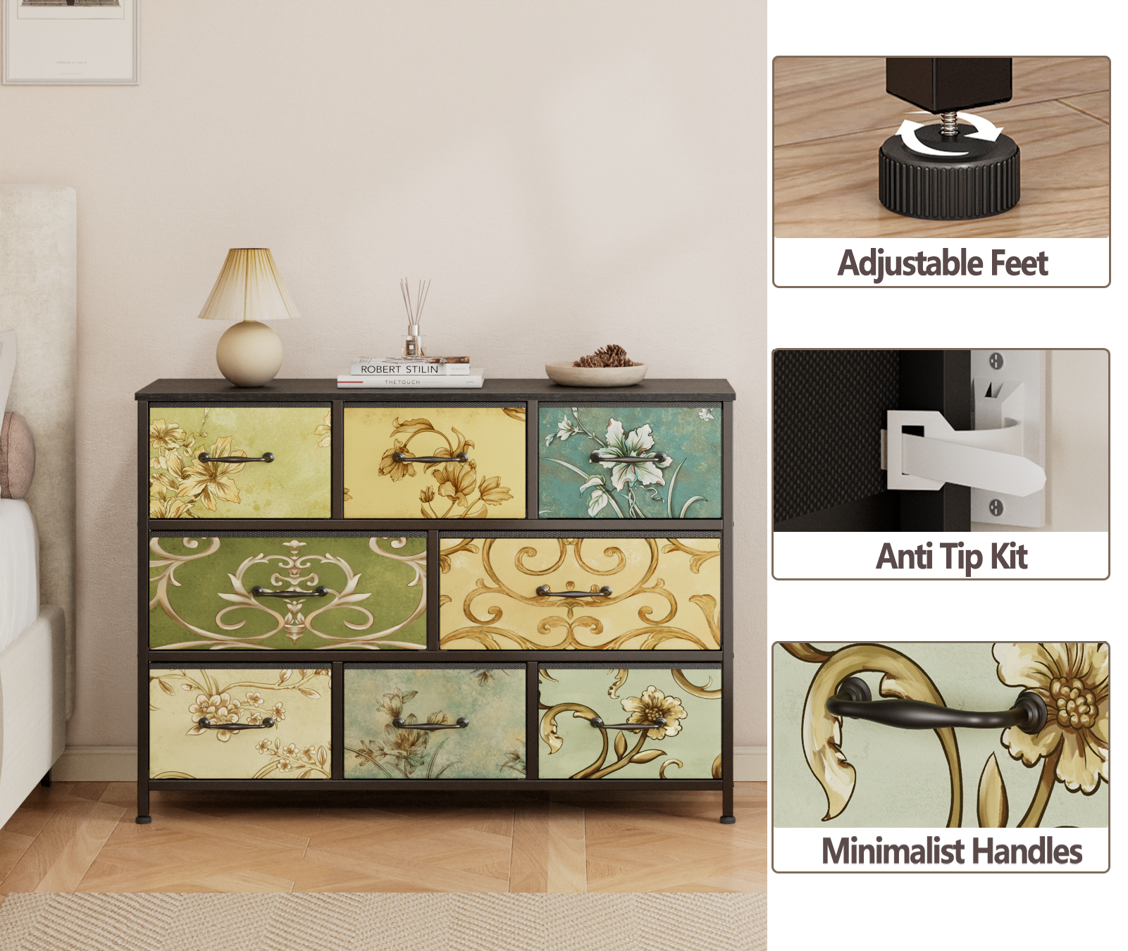 8 Drawer Wide Fabric Dresser Storage Chest Rustic Wood Top Industrial Metal Frame Organizer Unit Bedroom Living Room Closet Furniture