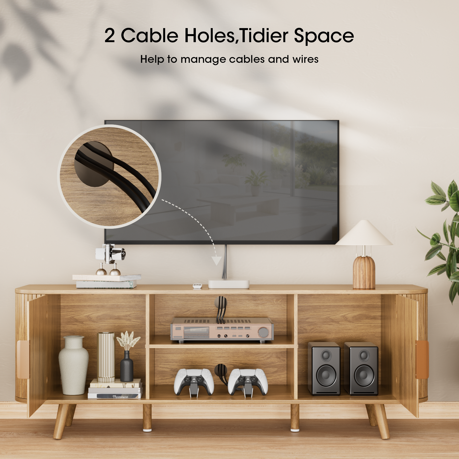 Mid Century Modern TV Stand Oak Media Console for TVs up to 65 Inch Fluted Sliding Door Entertainment Center Living Room Furniture Storage