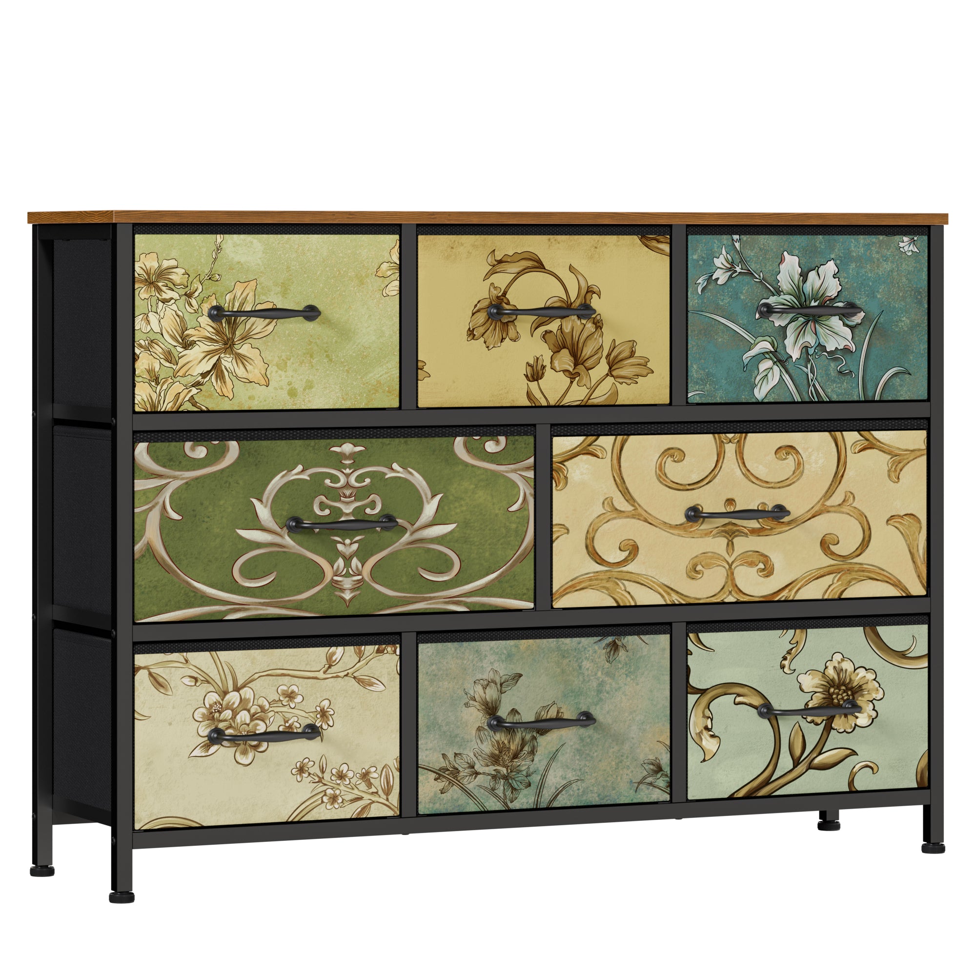 8 Drawer Dresser Wide Fabric Chest of Drawers Vintage  Closet Clothes Storage Wooden Top  Furniture for Bedroom Living Room Hallway