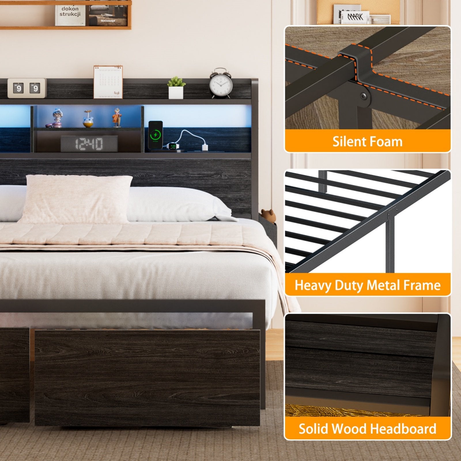 Furnulem Bed Frame with Wood Headboard and Storage Shelf, Metal Platform Bed Frame, LED Lights and Charging Station, No Box Spring Needed, Noise Free, Black