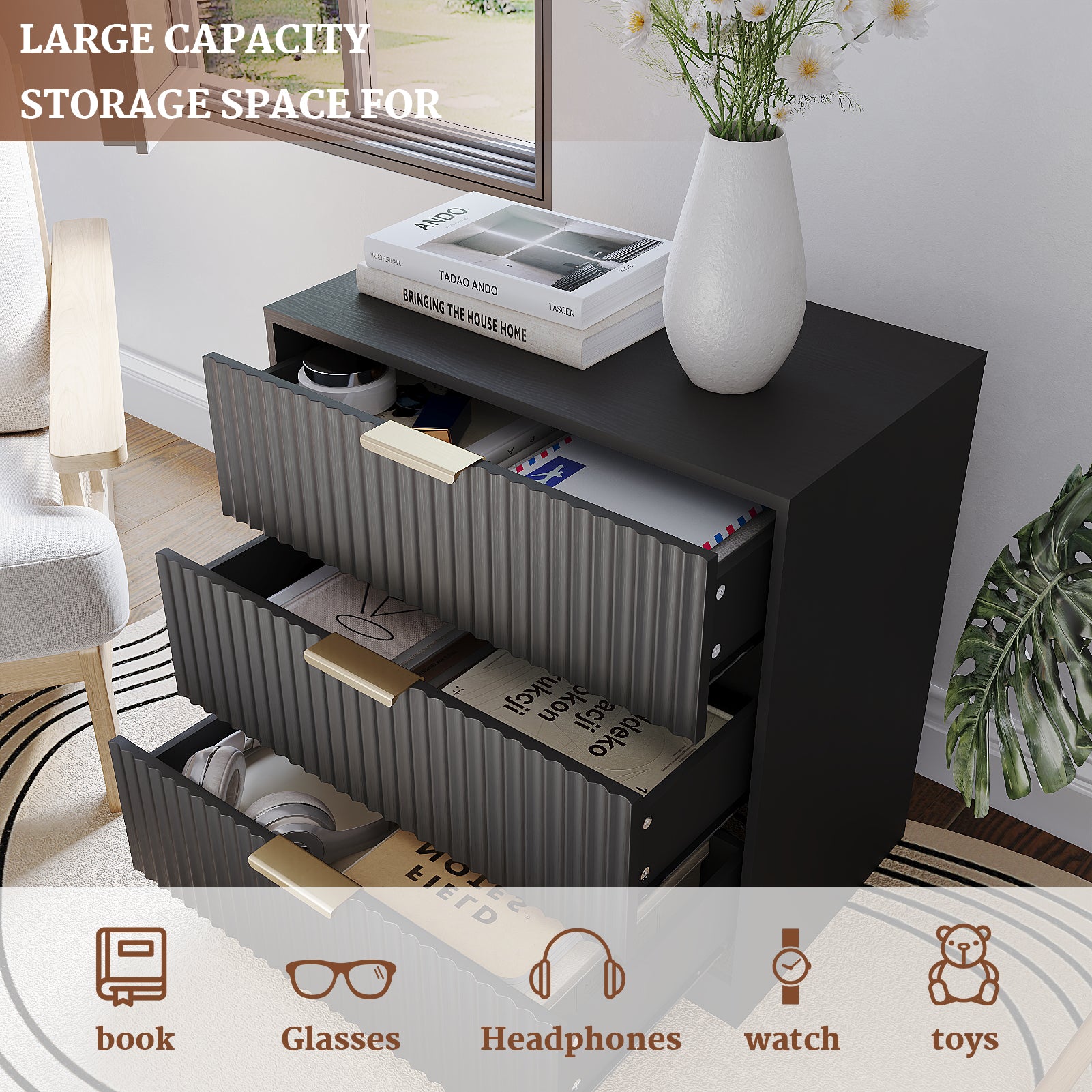 27 Inch Wide Black Nightstand 3 Drawer Wood Bedside Table Modern Fluted Accent Cabinet Bedroom Storage Dresser Home Furniture Large End Table Unit