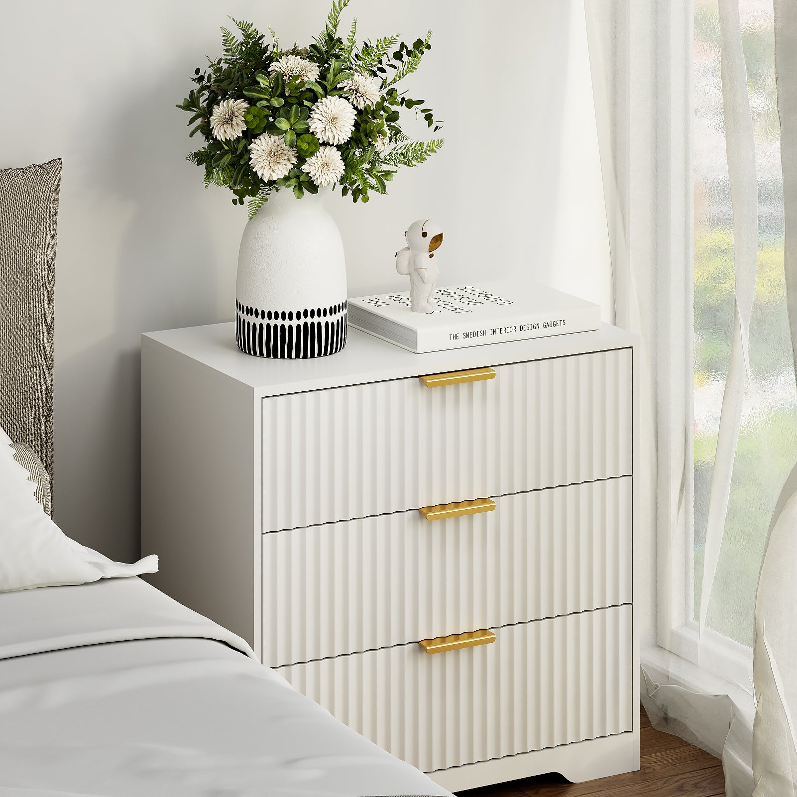 27-in Wide Fluted Night Stand 3 Drawers Large End Table with Storage White Nightstand Wood Bedside Tables Farmhouse Cabinet Dresser for Bedroom Closet