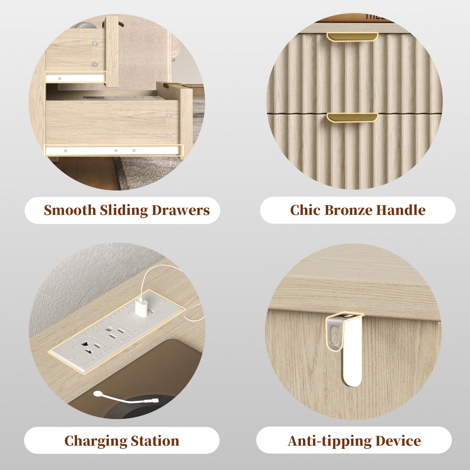 Modern Fluted Bedside Table with Charging Station 19.7 Inch Nightstand 2 Wood Slide Drawers Open Shelf Metal Handle Wood Legs Bedroom End Table Decor