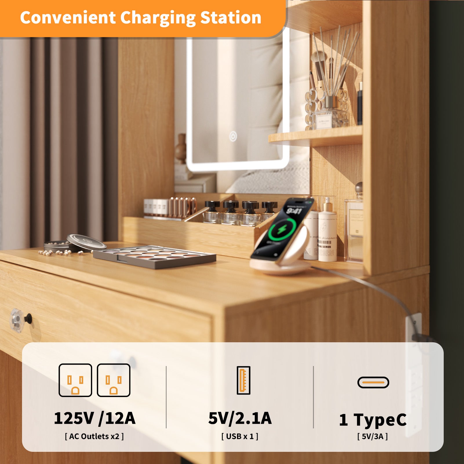 24" Modern Wood Vanity Desk with Lighted Mirror and Charging Station Small Makeup Dressing Table with 2 Drawers and 3 Storage Shelves for Bedroom