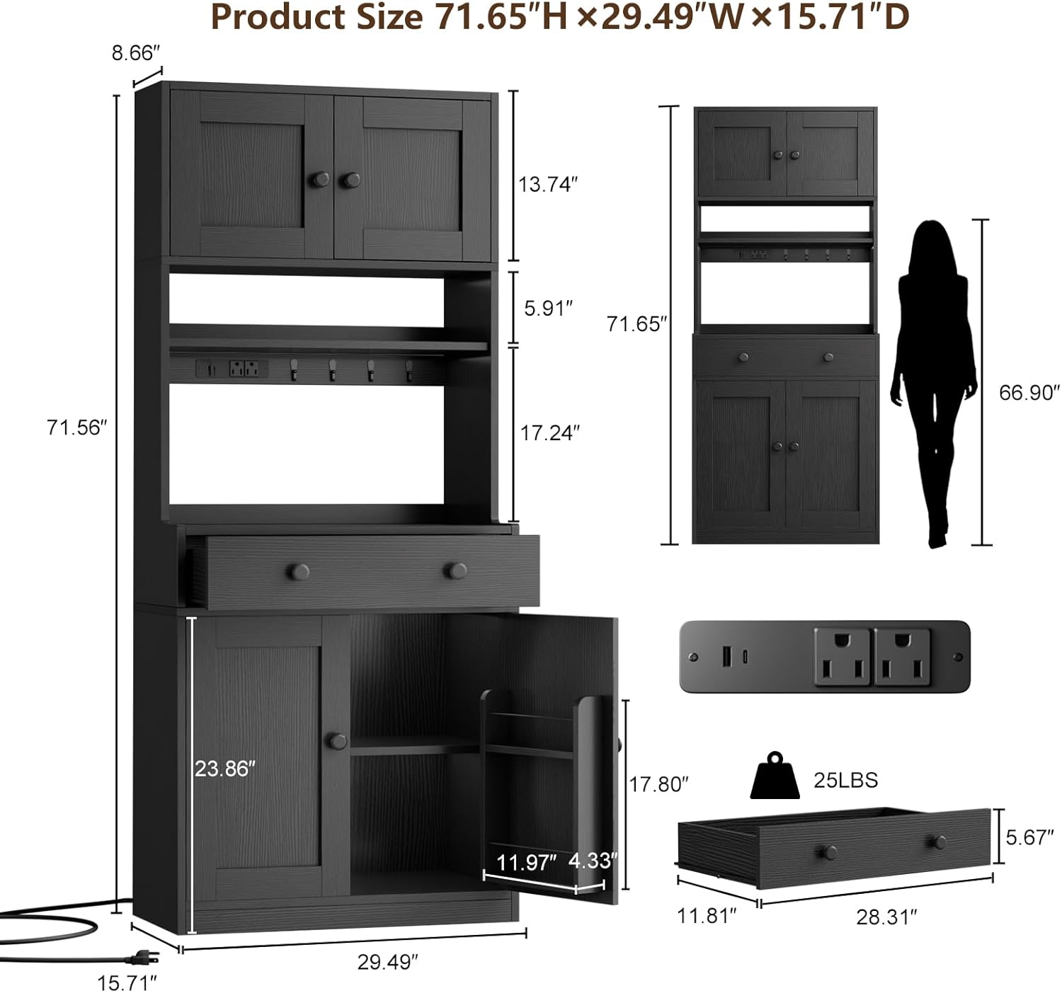 Qwatto Kitchen Pantry Storage Cabinet with Doors & Shelves Wood Buffet Cabinet with Microwave Stand Tall Hutch Cabinet for Dining Room Black