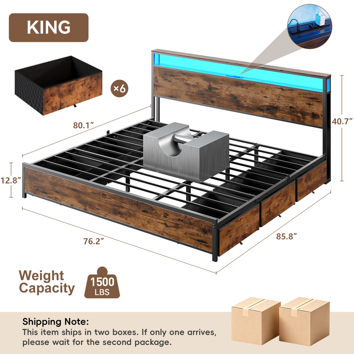 Bed Frame 6 Drawers Storage Headboard LED Lights Charging Station Metal Platform Bed Black