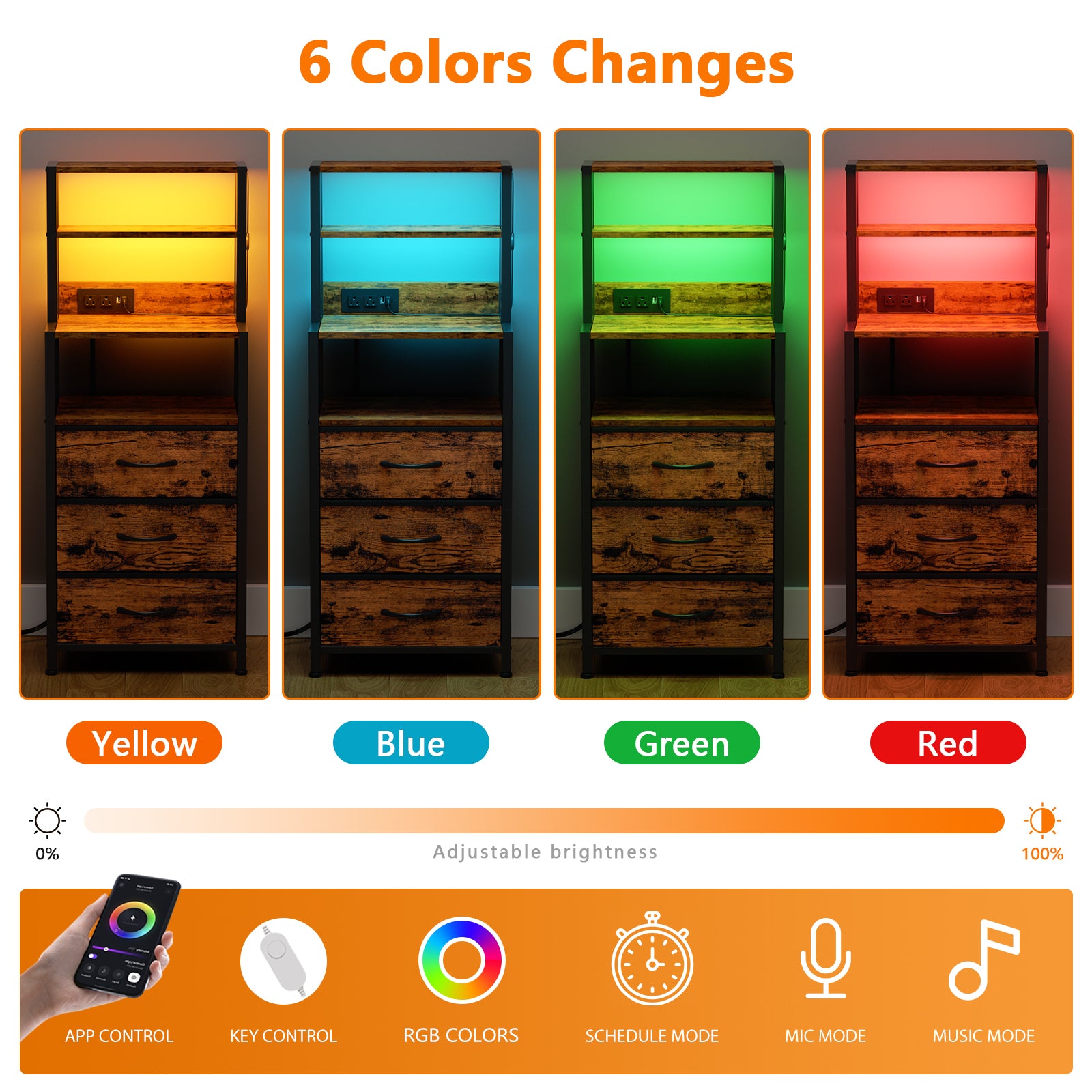 Tall Brown Nightstand 4 Tier Storage Shelves 3 PU Fabric Drawers Modern Bedside Table Narrow Accent Side End Table Organizer for Bedroom Living Room