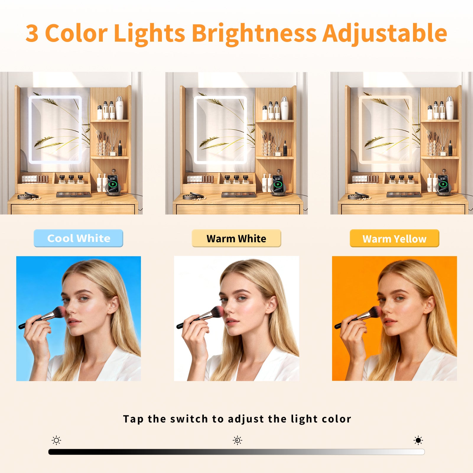 24" Modern Wood Vanity Desk with Lighted Mirror and Charging Station Small Makeup Dressing Table with 2 Drawers and 3 Storage Shelves for Bedroom