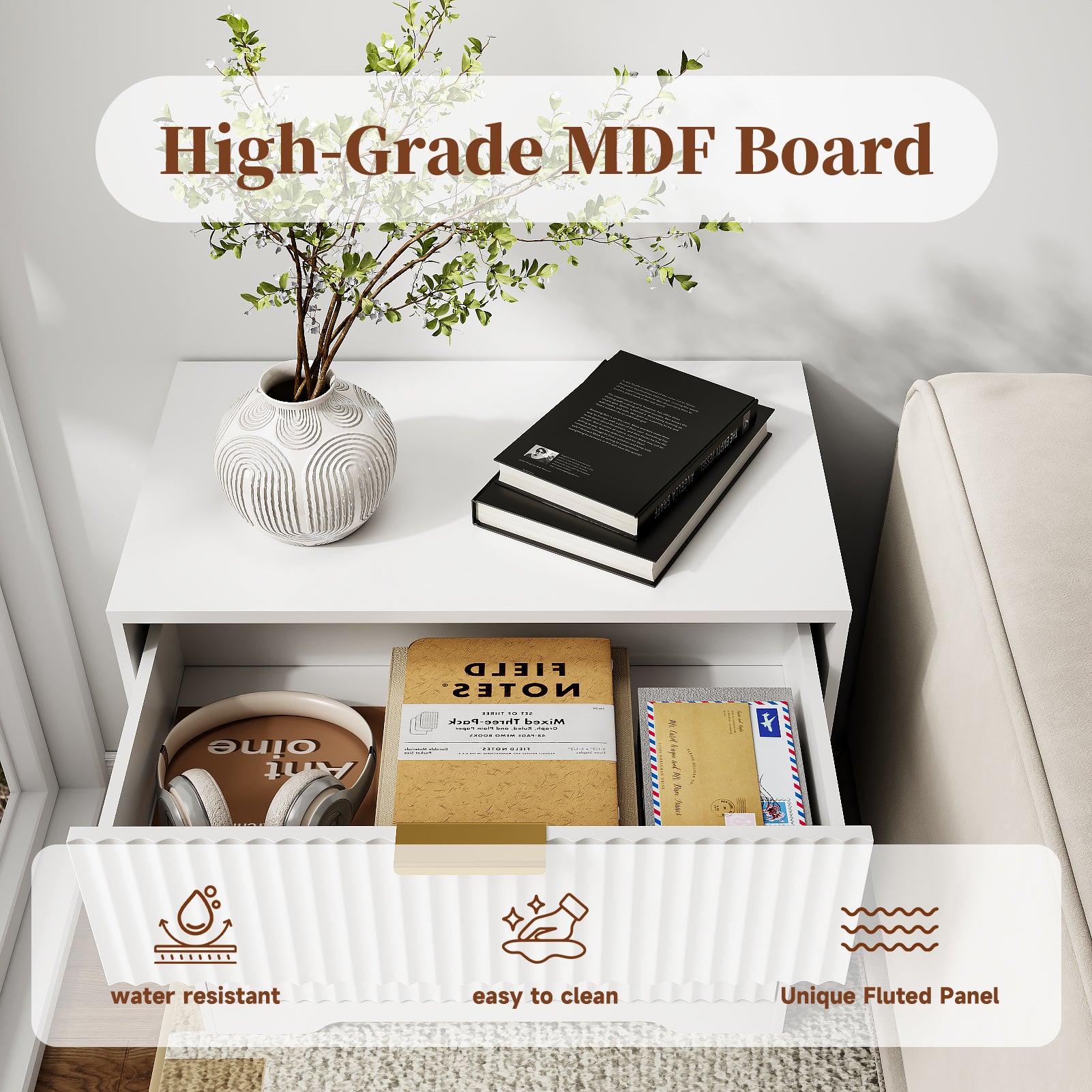 27-in Wide Fluted Night Stand 3 Drawers Large End Table with Storage White Nightstand Wood Bedside Tables Farmhouse Cabinet Dresser for Bedroom Closet