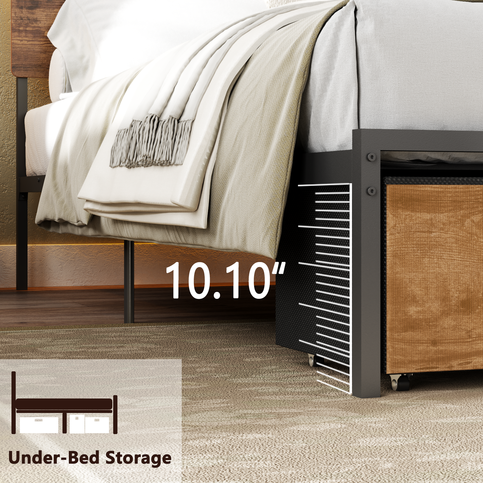 Queen Bed Frame with Wood Headboard Metal Platform Bed with 2 Storage Drawers Shelf Built-in Charging Station  LED Lights No Box Spring Needed