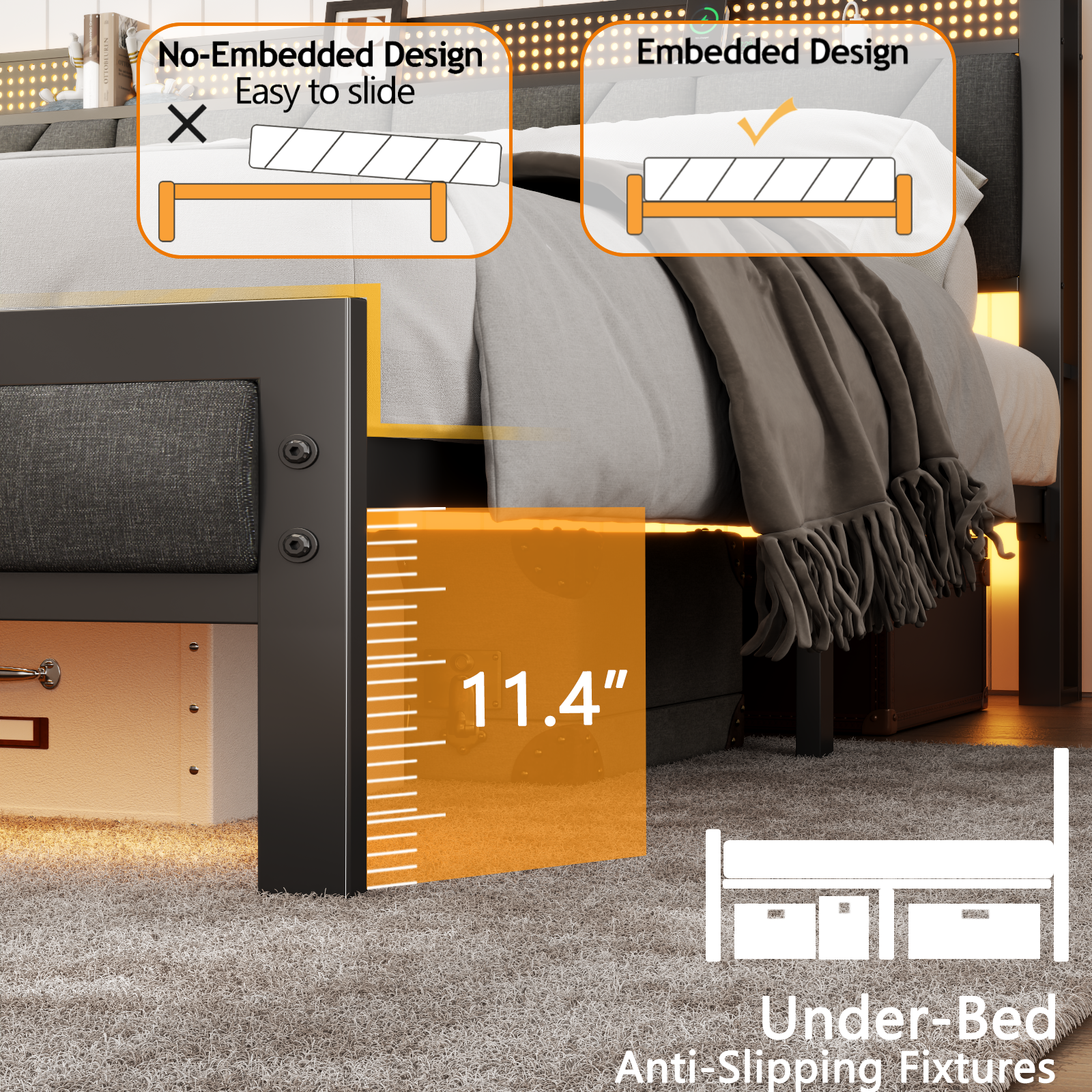 Furnulem King Bed Frame with Headboard and LED Light Upholstered Platform with Power Outlet and USB Port Bed with Metal Support and Footboard