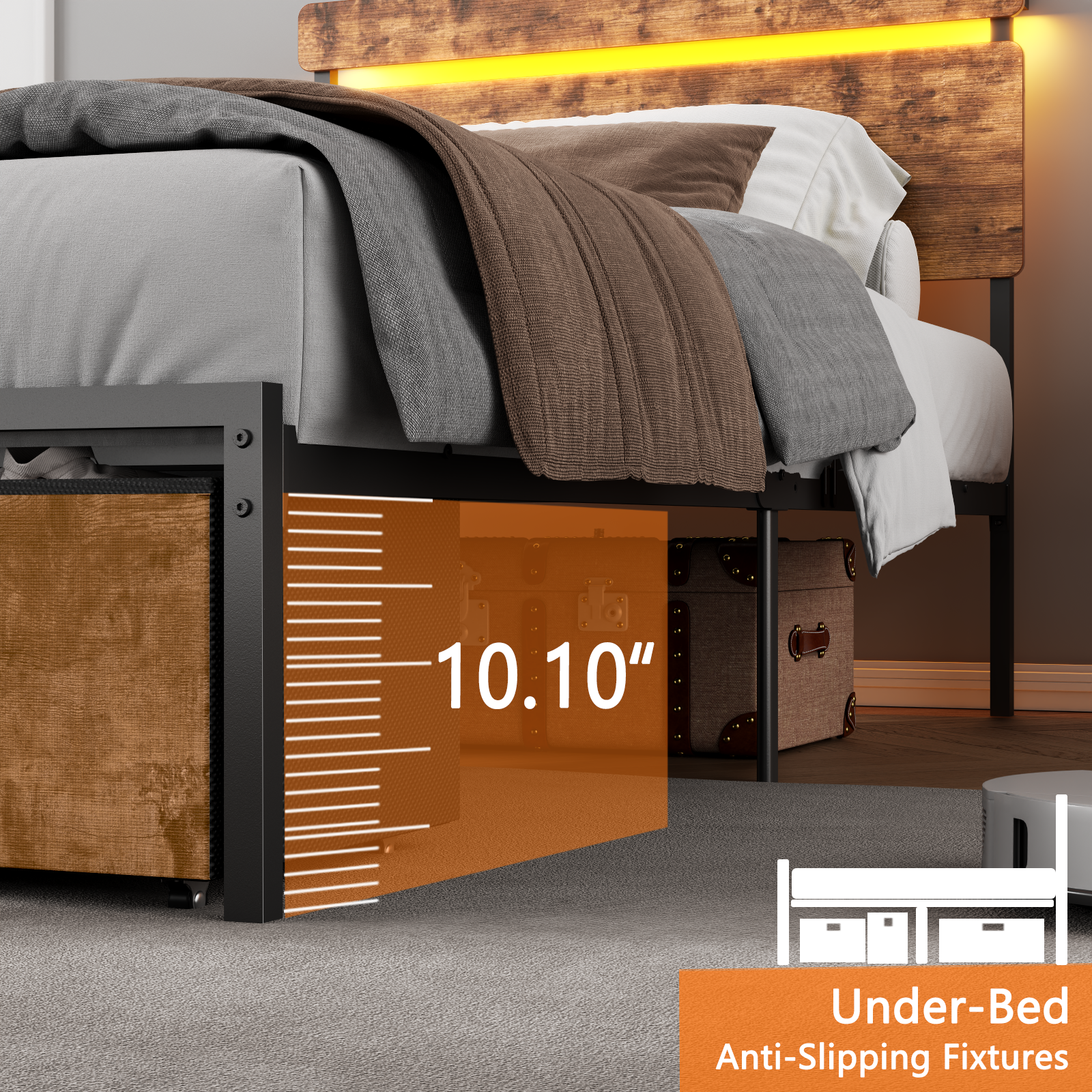 Twin Size Bed Frame with Wood Headboard Metal Platform Bed with 2 Storage Drawers Shelf Built in Charging Station LED Lights No Box Spring Needed