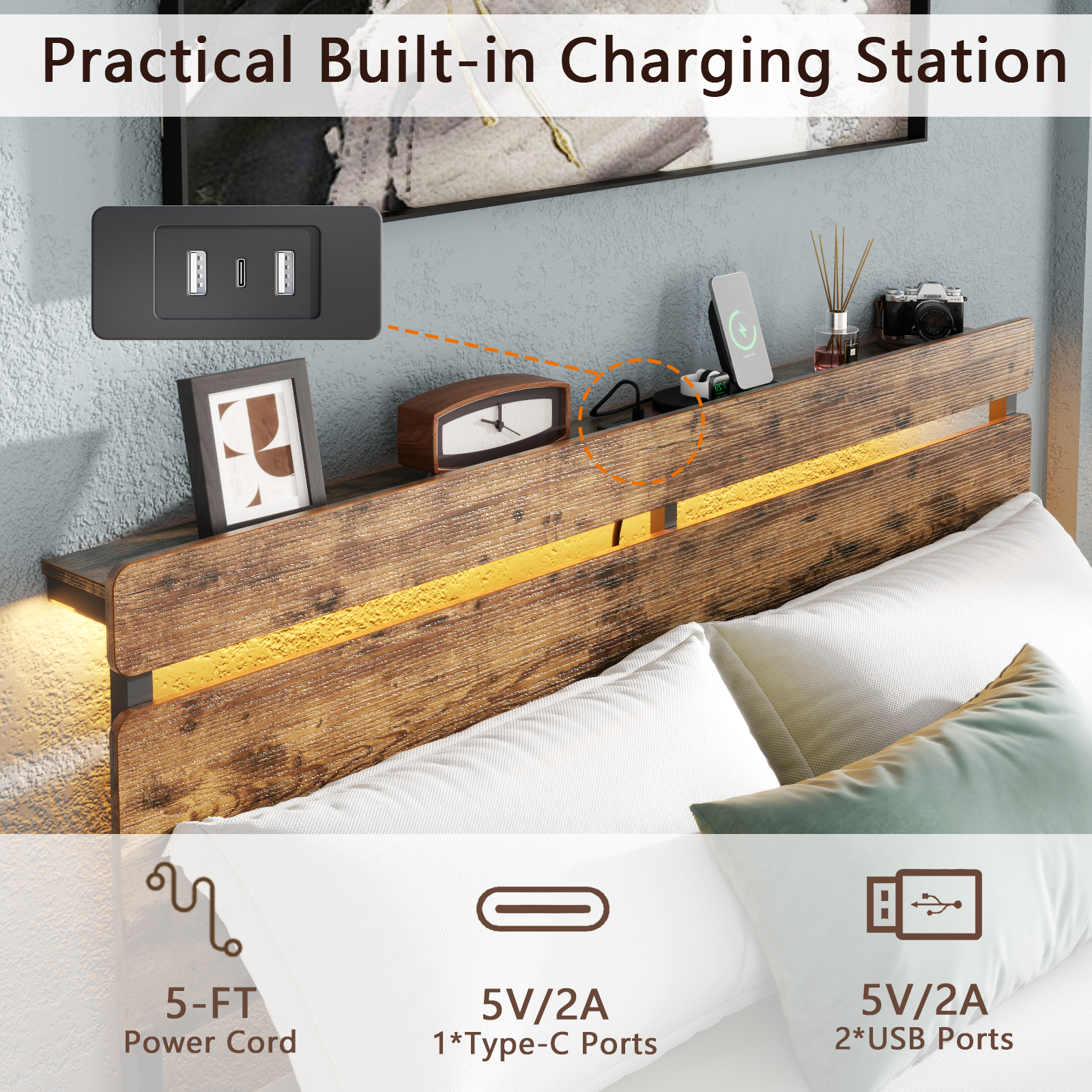 Full Size Bed Frame with Wood Headboard Metal Platform Bed with 2 Storage Drawers  Shelf Built in Charging Station  LED Lights No Box Spring Needed