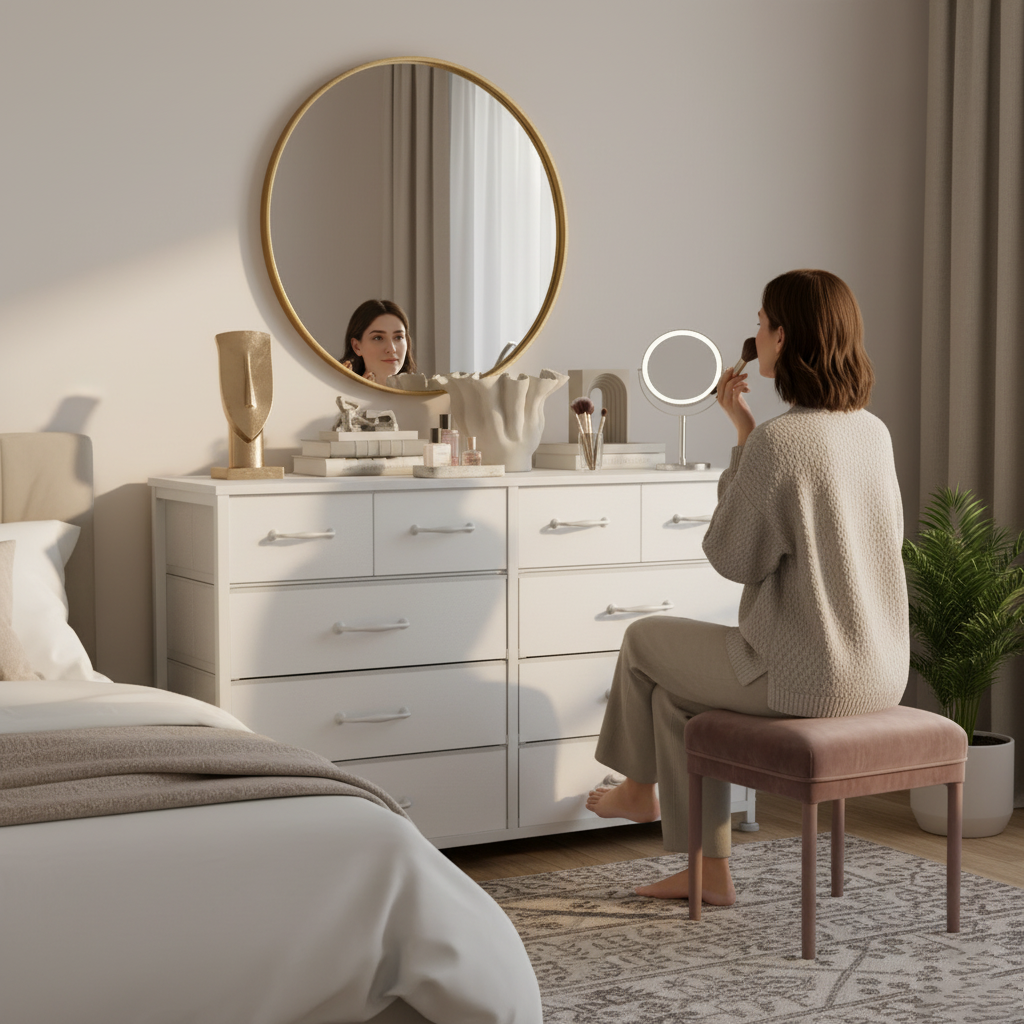 Dresser for Bedroom with 10 Fabric Dresser TV Stand for 40-45-50 inch Tv Dressers Chest of Drawers for Living Room Hallway Entryway Metal Frame White