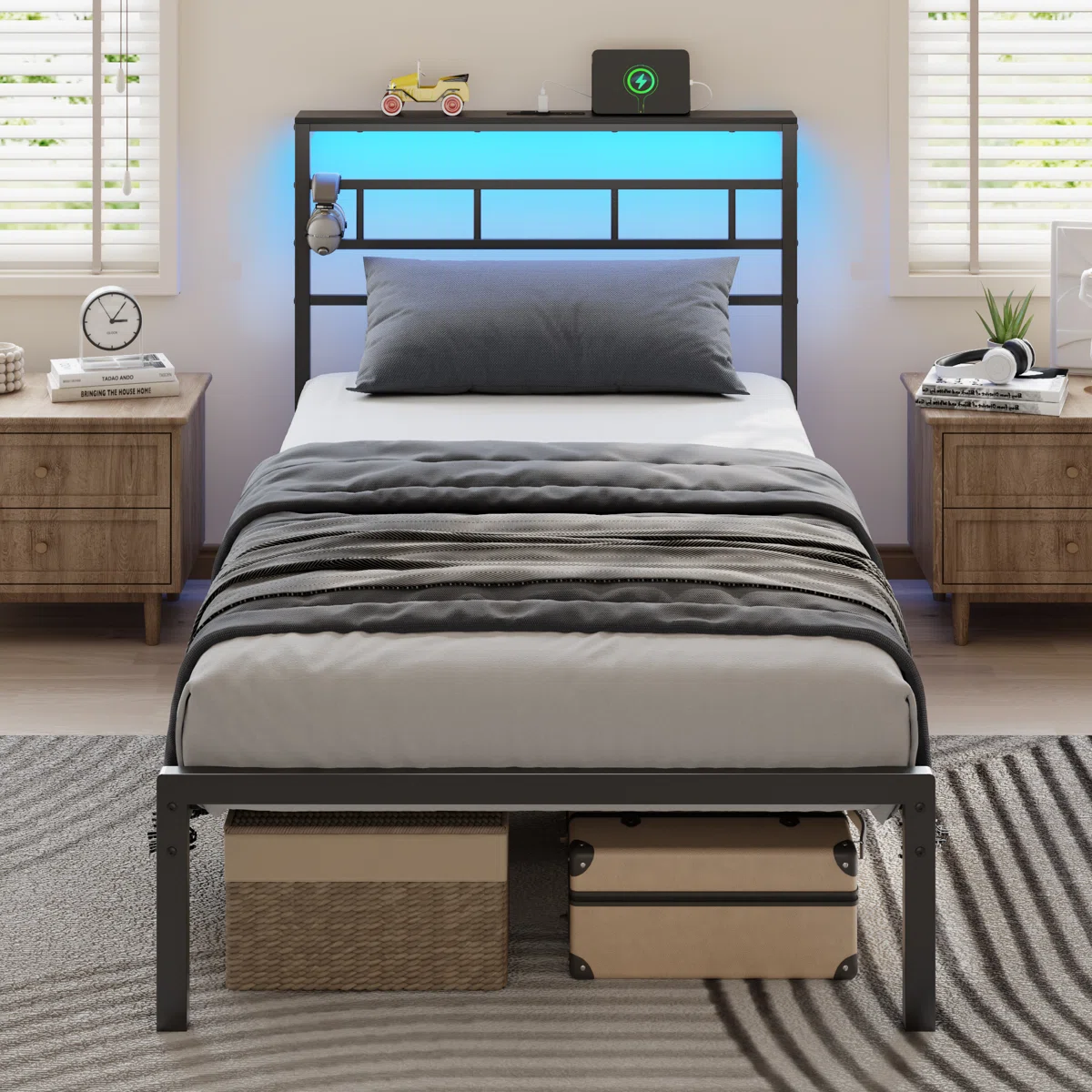 Metal Platform Bed Frame With Storage Headboard Twin Bed with Adjustable LED Light and Charging Station No Box Spring Needed