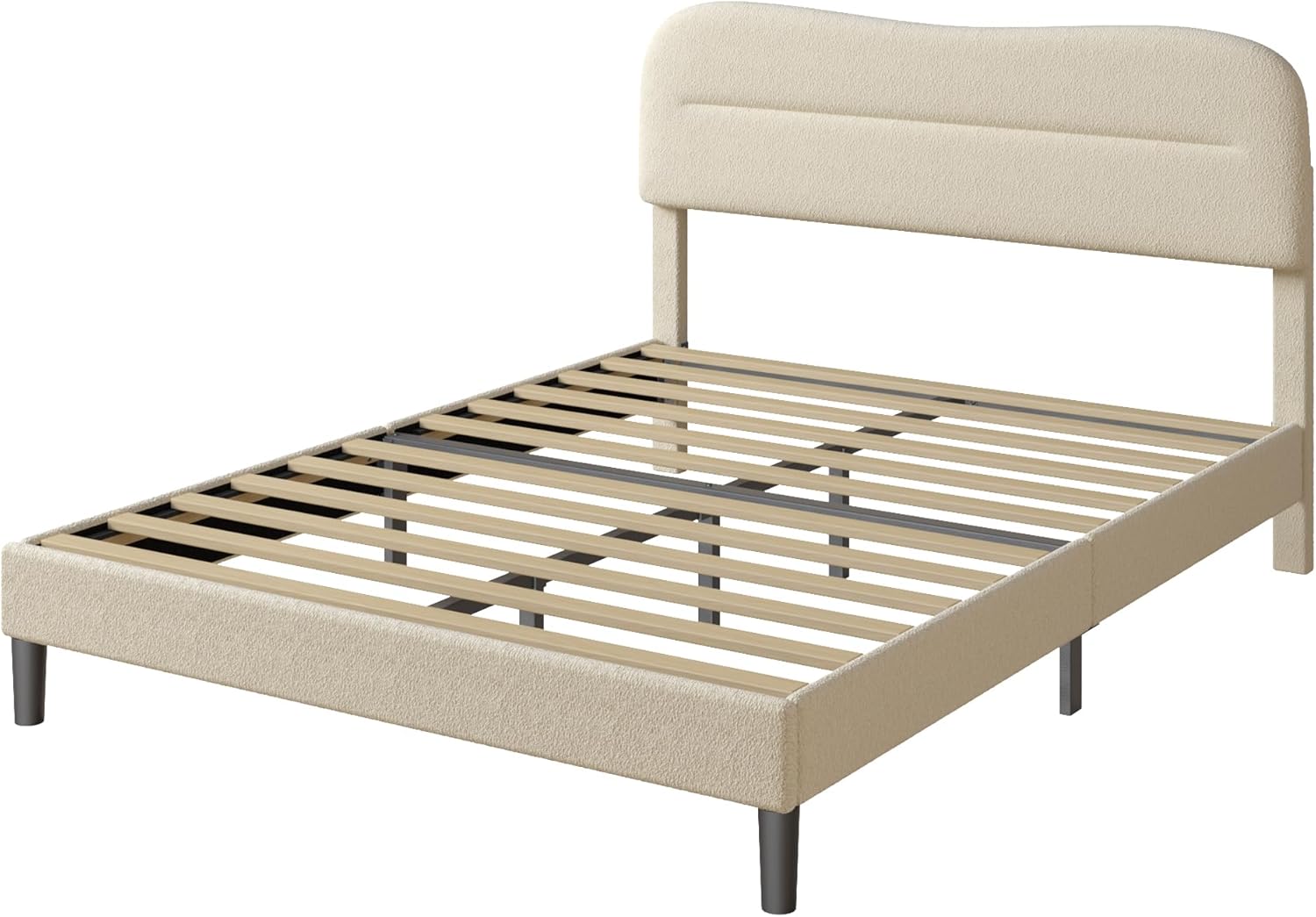 Queen Size Bed Frames with Headboard Upholstered Bed Frame Teddy Soft Boucle Fabric bedframes Soft Cloud Marshmallow Shape Upholstered Headboard