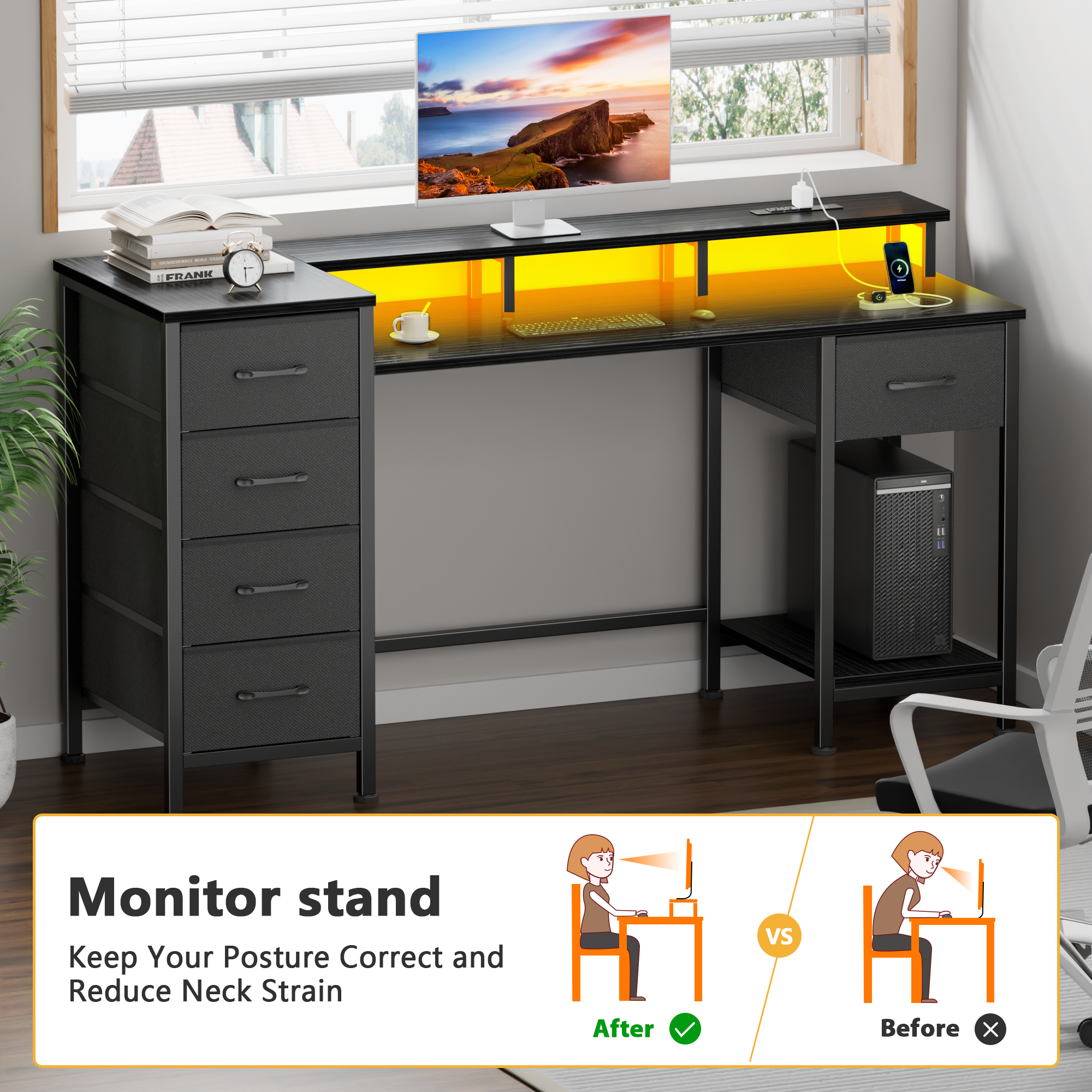47 Inch Black Computer Desk with Charging Station Reversible Gaming Desk LED Lights 5 Fabric Drawers Monitor Stand Home Office Writing Table