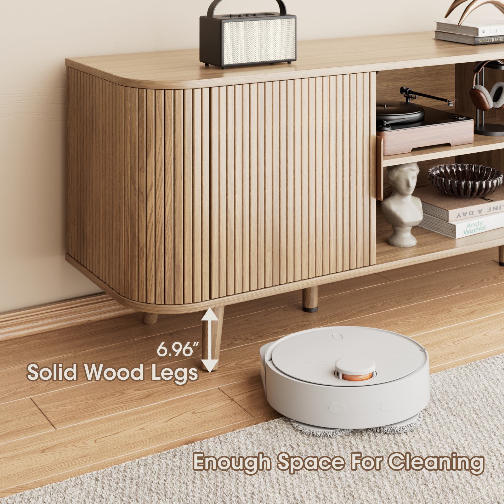 55 Inch Tambour Door TV Stand Oak Wood Media Cabinet for 65 Inch TV Arc Curved Edge Design Mid Century Modern Console with Open Shelves