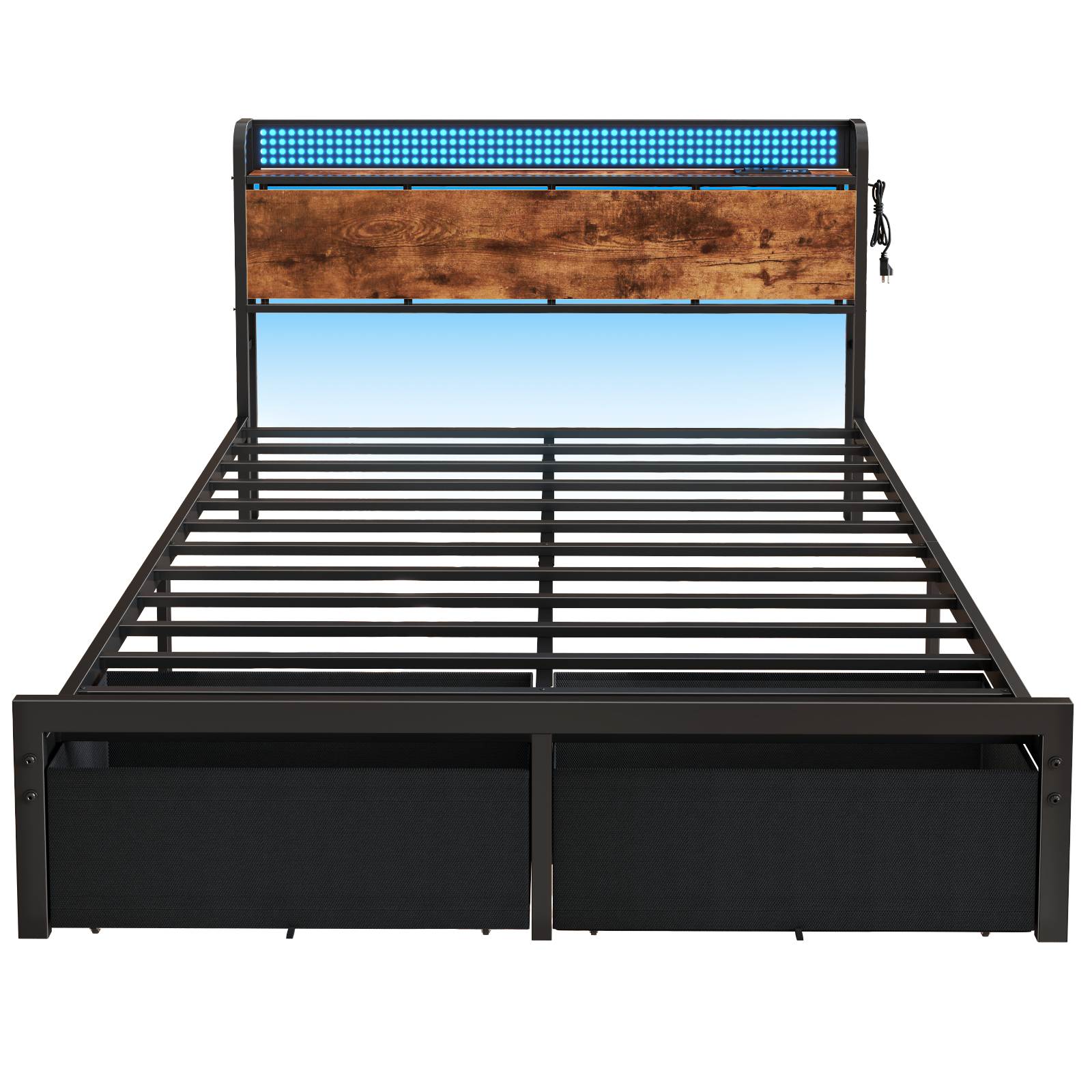 Furnulem Full Size Bed Frame with Headboard Storage, Platform Bed Frame Full Size with 2Drawers, Charging Station and LED Lights, No Box Spring Needed, Noise Free