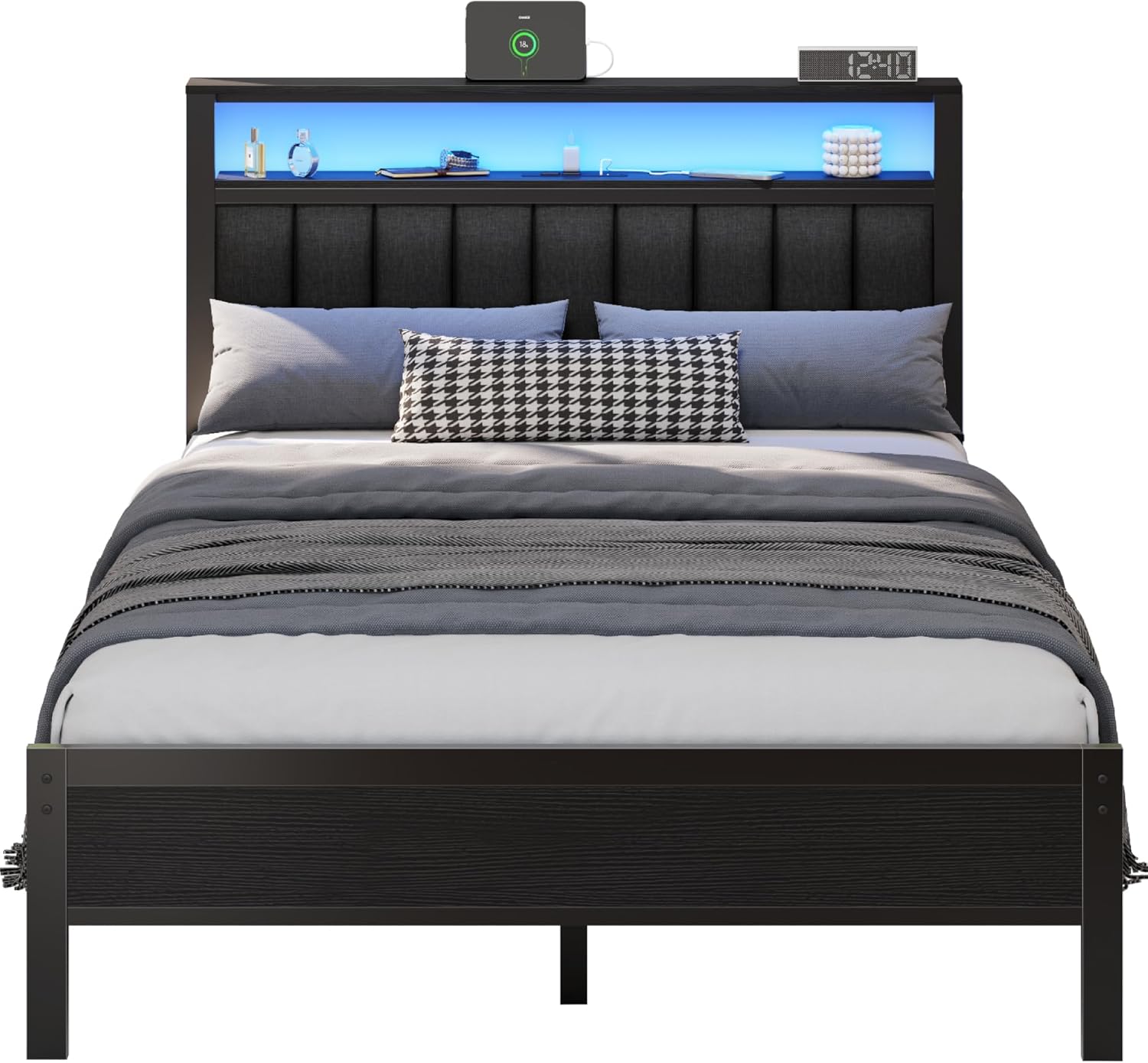 Furnulem Full Size Bed Frame with Charging Station and LED Lights Platform Bed with Metal Slats Grey Upholstered Headboard with 2-Tier Storage Shelves No Box Spring Needed