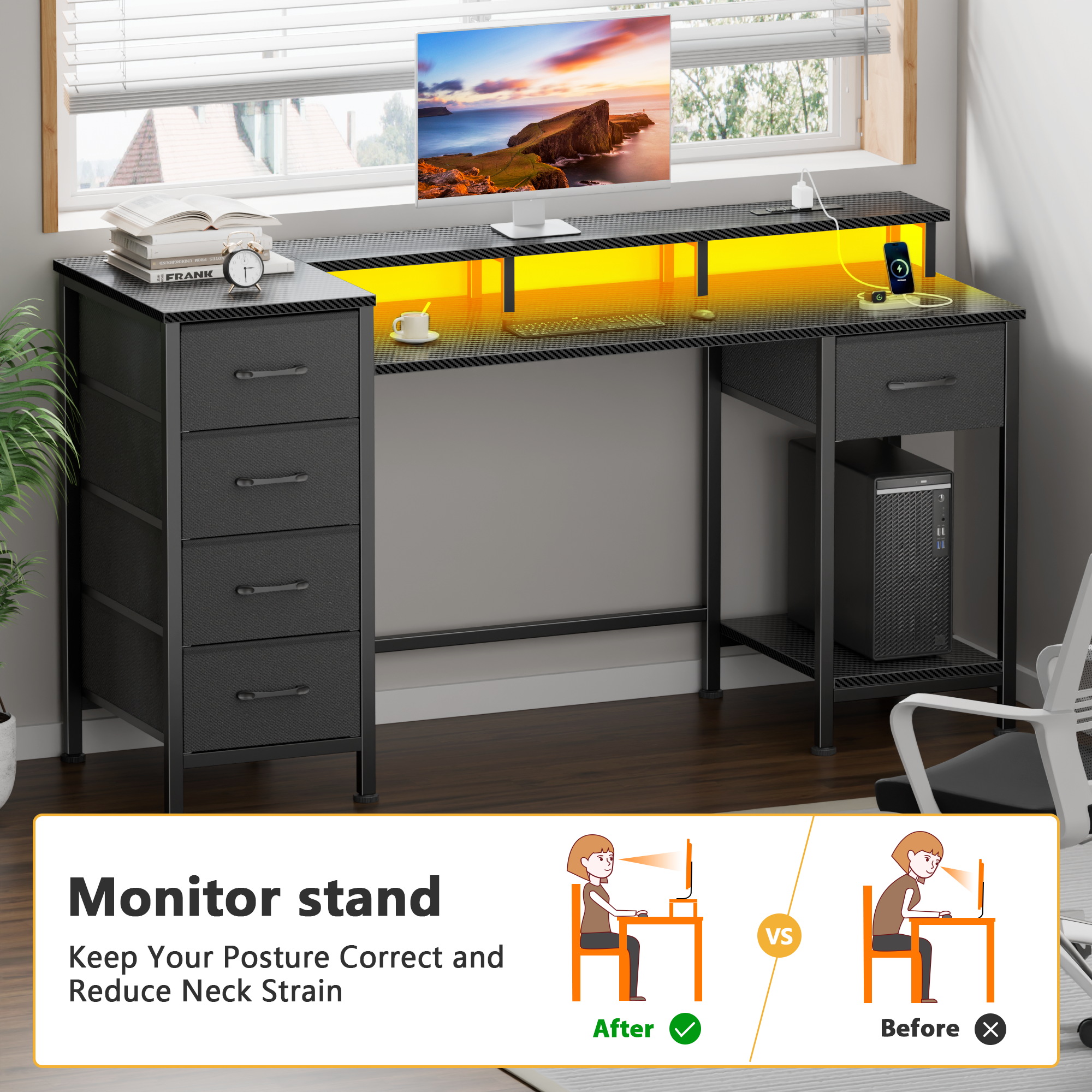 47 Inch Carbon Fiber Black Gaming Desk with Charging Station LED Lights Reversible Computer Desk 5 Fabric Drawers Home Office Writing Study Table