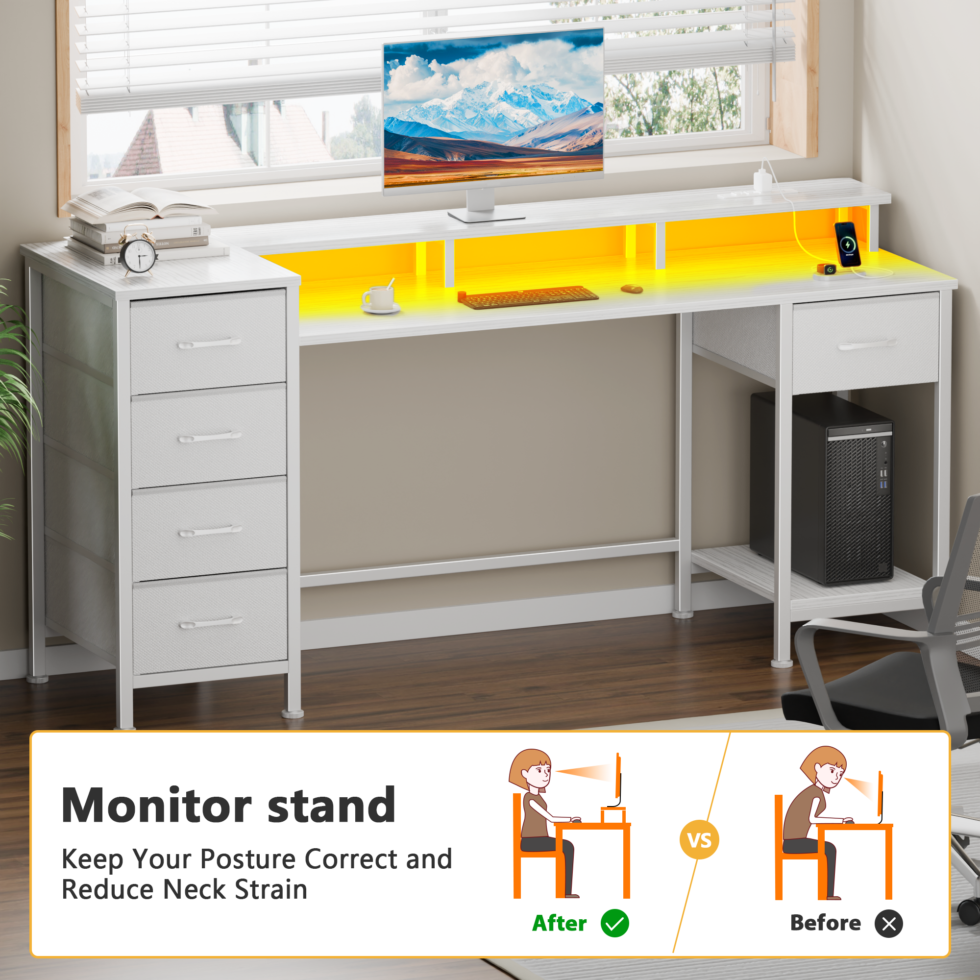 55 Inch White Computer Desk with Charging Station Reversible Gaming Desk LED Lights Fabric Drawers Home Office Writing Table Bedroom Study Storage
