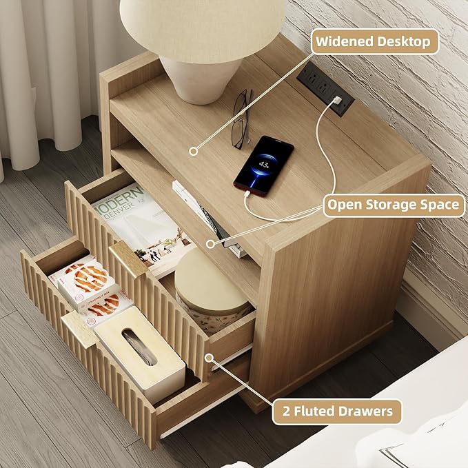 Furnulem Fluted Night Stand with Charging Station 2 Drawer Light Wood nightstand Bedside Table Night Stand for Bedroom End Table for Living Room