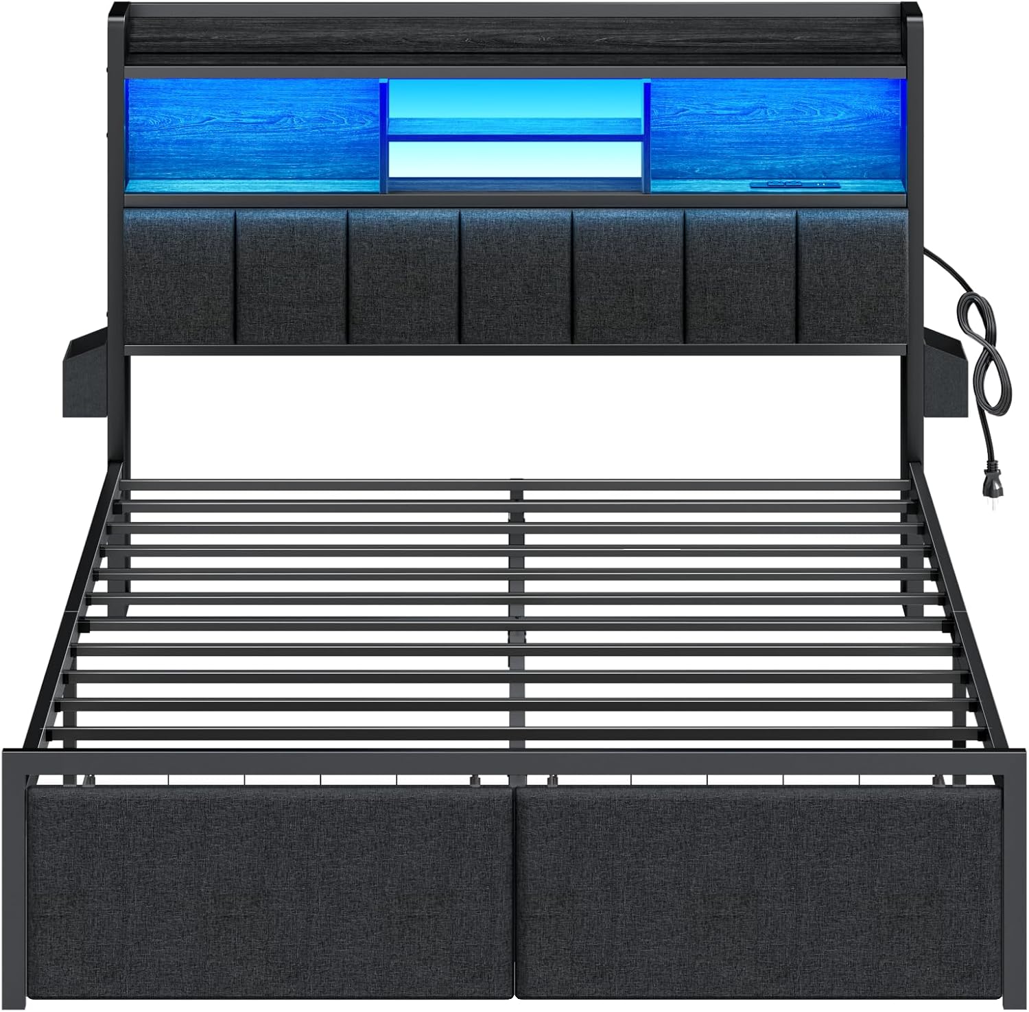 Furnulem Queen Bed Frame with Storage Drawers  Upholstered Headboard with Storage Shelf  LED Lights and Charging Station  Metal Platform Bed Frame