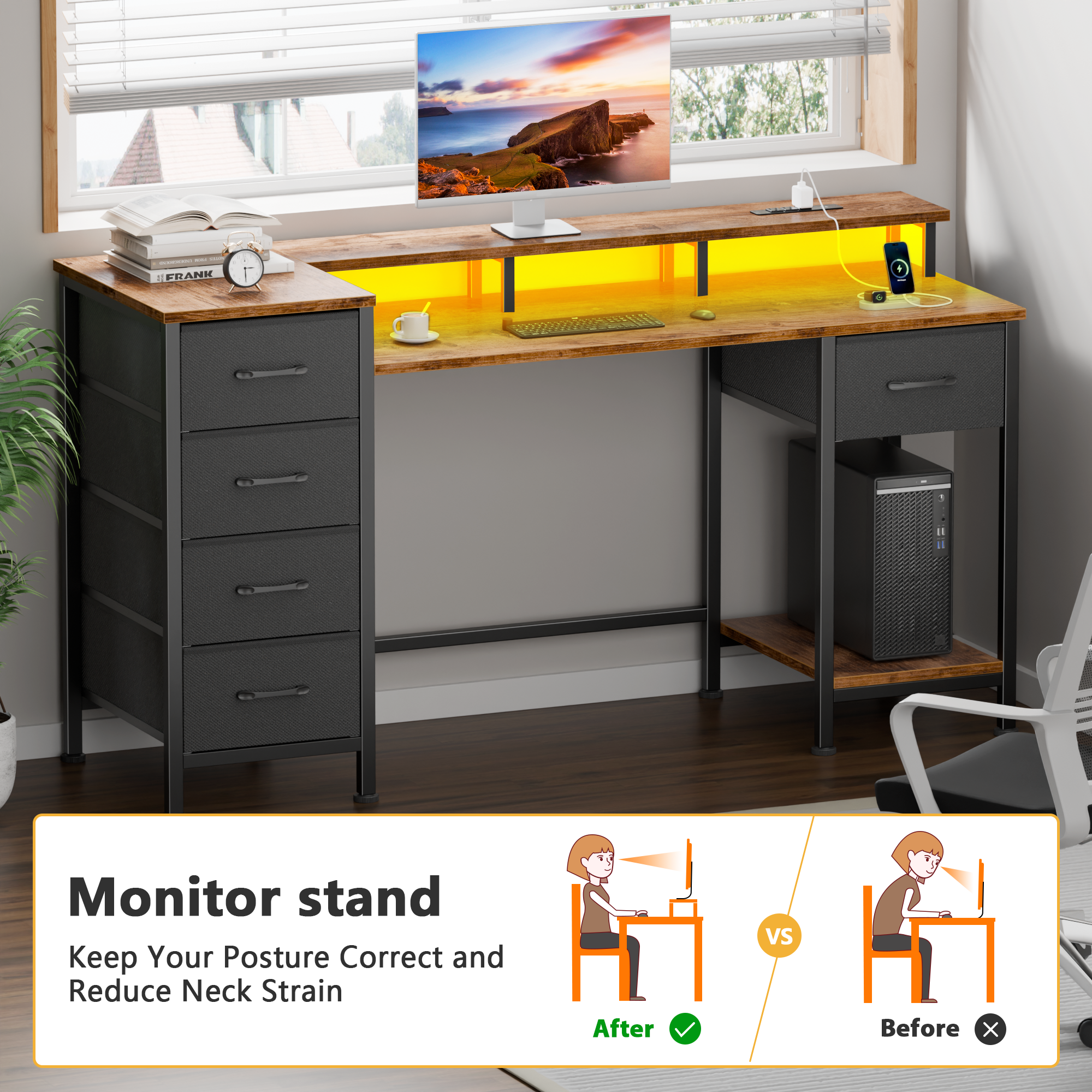 47 Inch Rustic Brown Computer Desk with Charging Station Reversible Gaming Desk LED Lights 5 Fabric Drawers Monitor Stand Home Office Writing Table