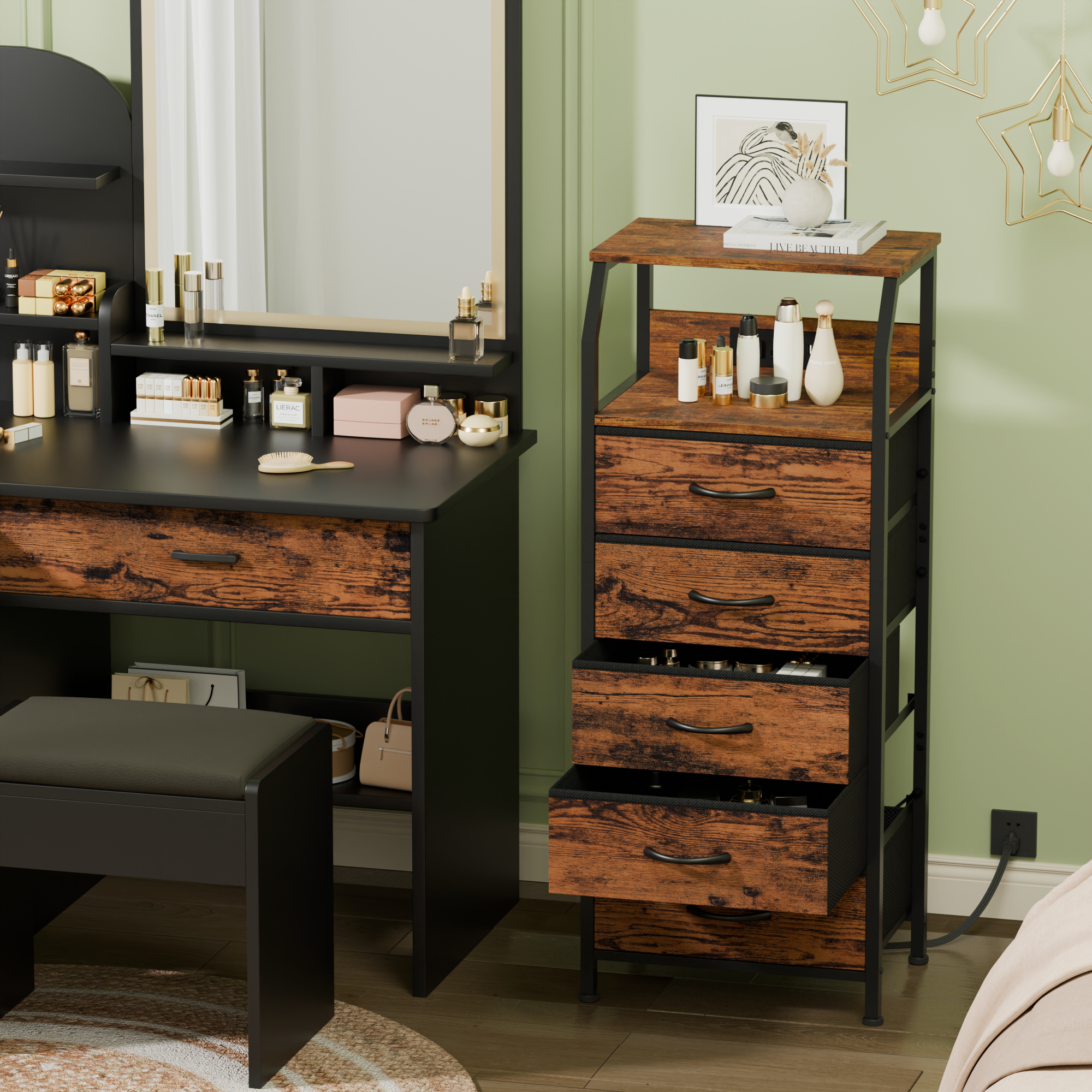 Furnulem Nightstand with Charging Station and Multi Fabric Drawers