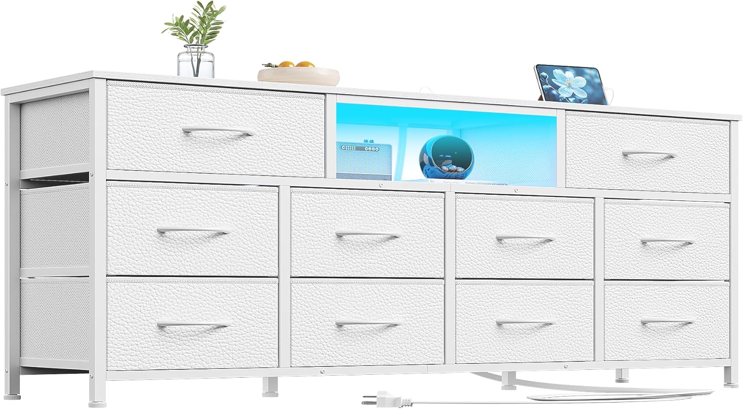 Furnulem 55” Long Dresser for Bedroom TV Stand for 55” to 65” TV White Dresser with 10 Fabric Drawers Entertainment Center with Power Outlet LED Light