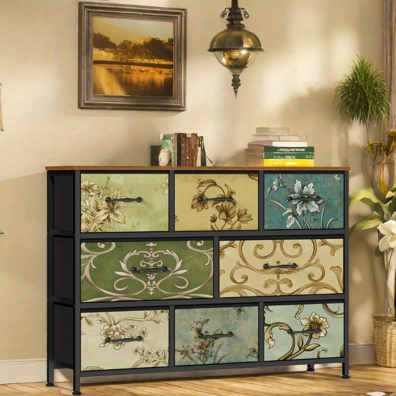 8 Drawer Dresser Wide Fabric Chest of Drawers Vintage  Closet Clothes Storage Wooden Top  Furniture for Bedroom Living Room Hallway