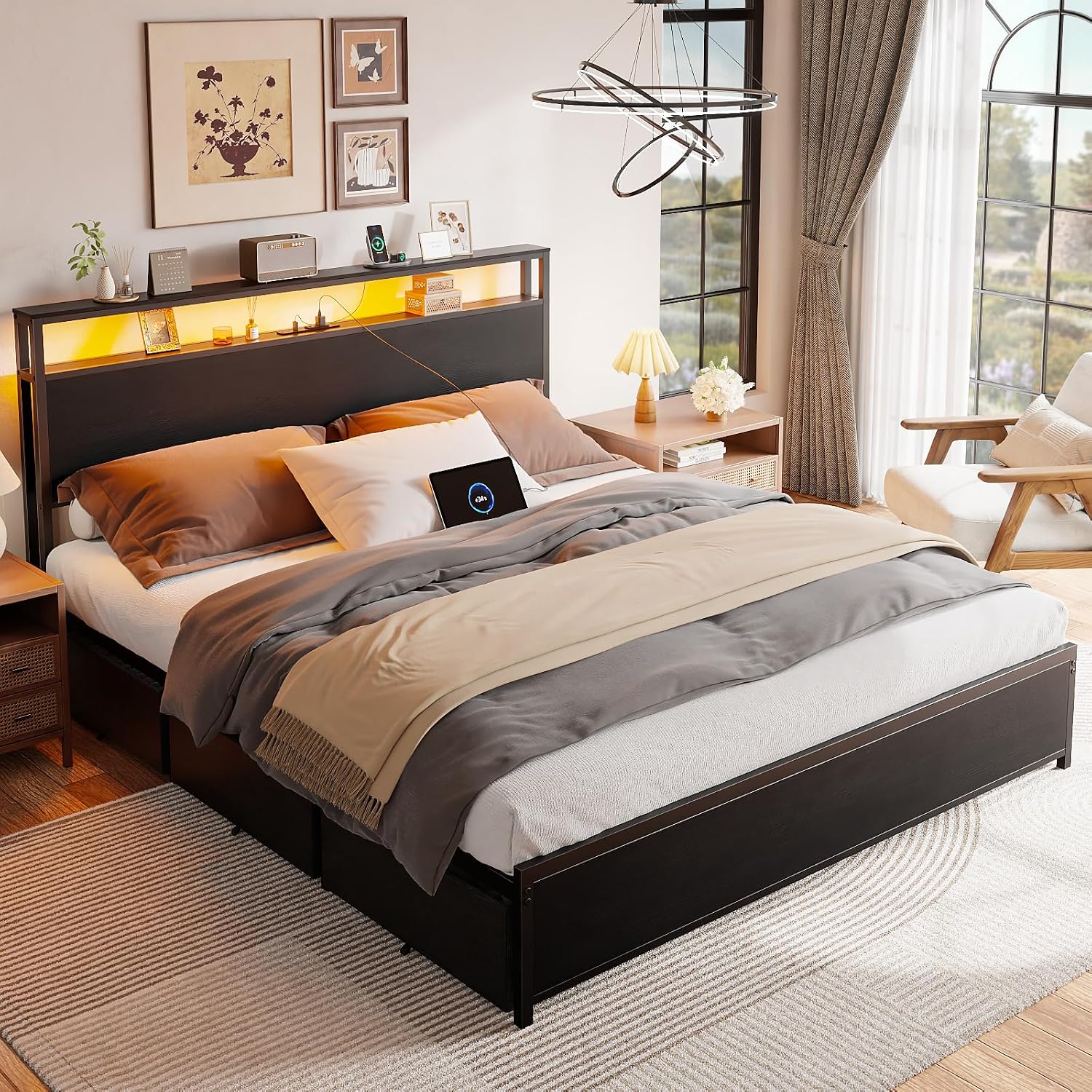 Qwatto Queen Bed Frame 6 Drawers Storage Headboard LED Lights Charging Station Metal Platform Bed Black No Box Spring Needed Noise Free 2 Tier USB Shelf