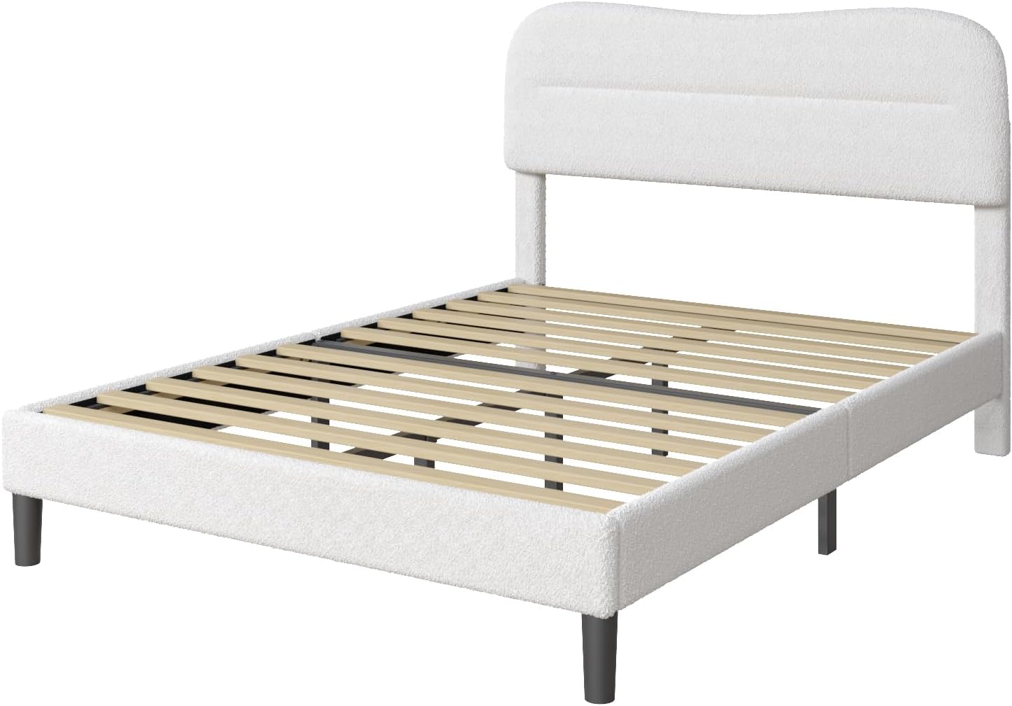 Full Size Bed Frame with Headboard, Teddy Soft Boucle Fabric Bed Frame Full Soft Cloud Marshmallow Shape Upholstered Headboard No Box Spring Needed